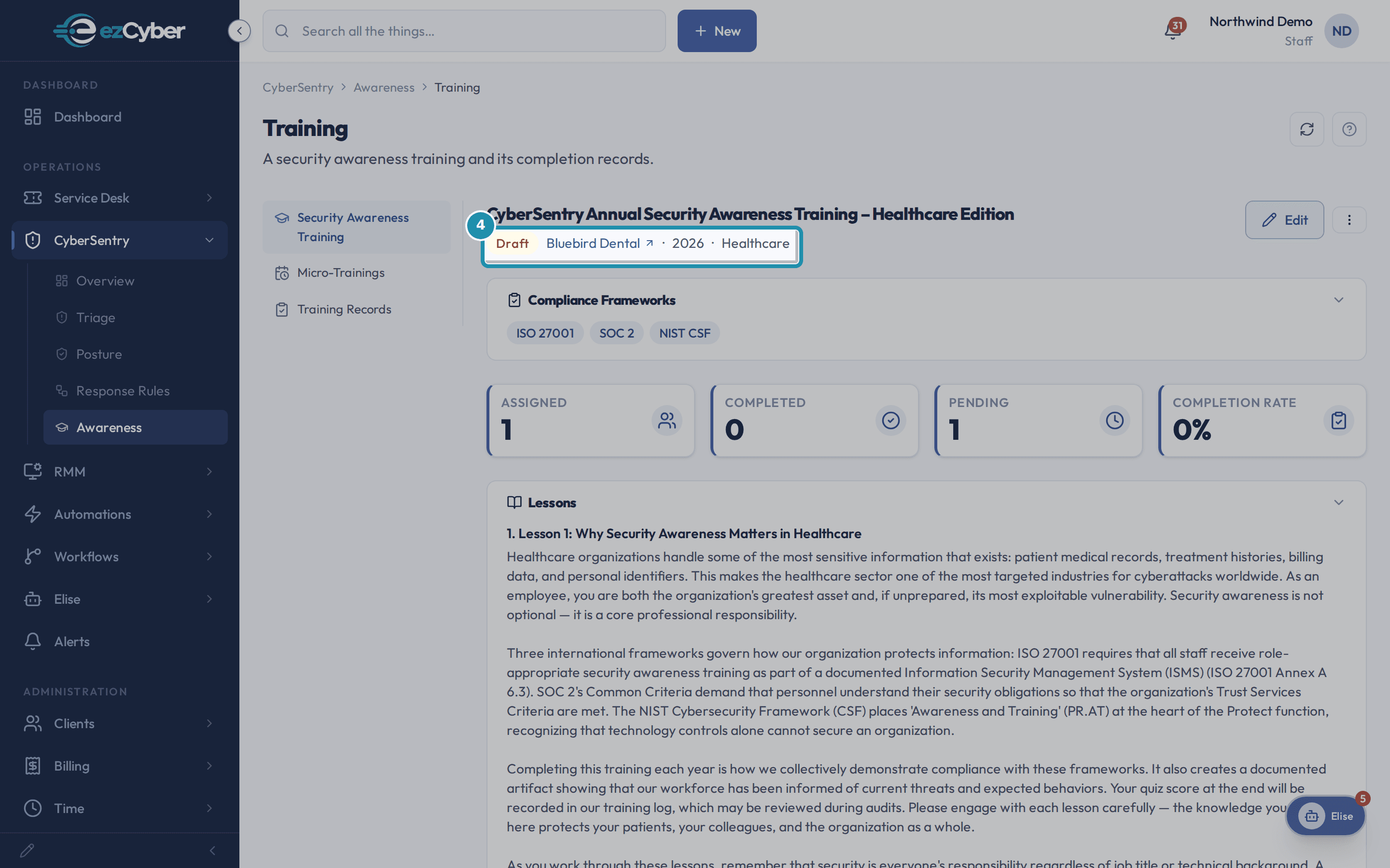 The finished Draft training's status line boxed, reading Draft, Bluebird Dental, 2026, Healthcare.