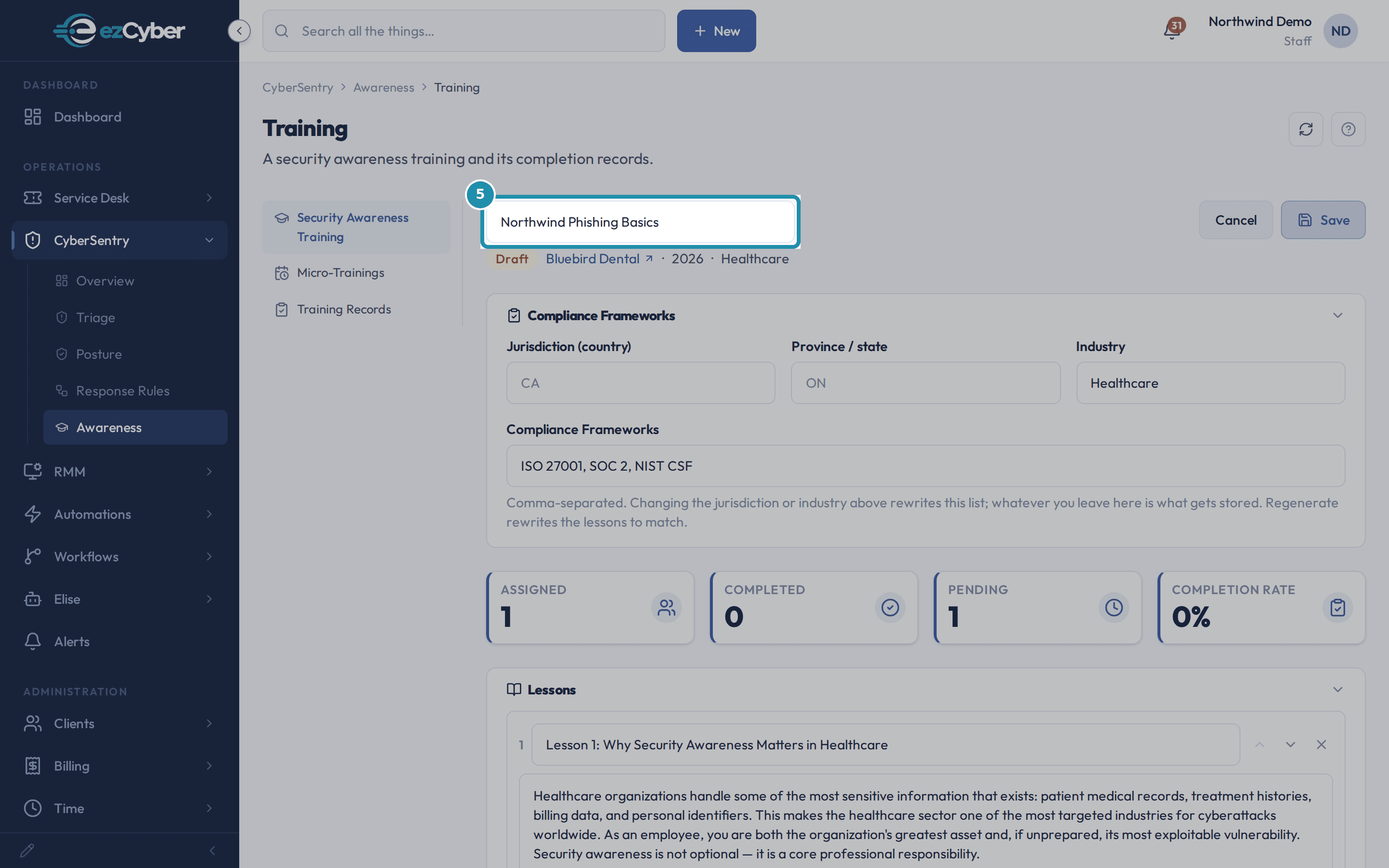 The Edit form with the retitled Northwind Phishing Basics title input boxed, lessons and the knowledge check listed below it.