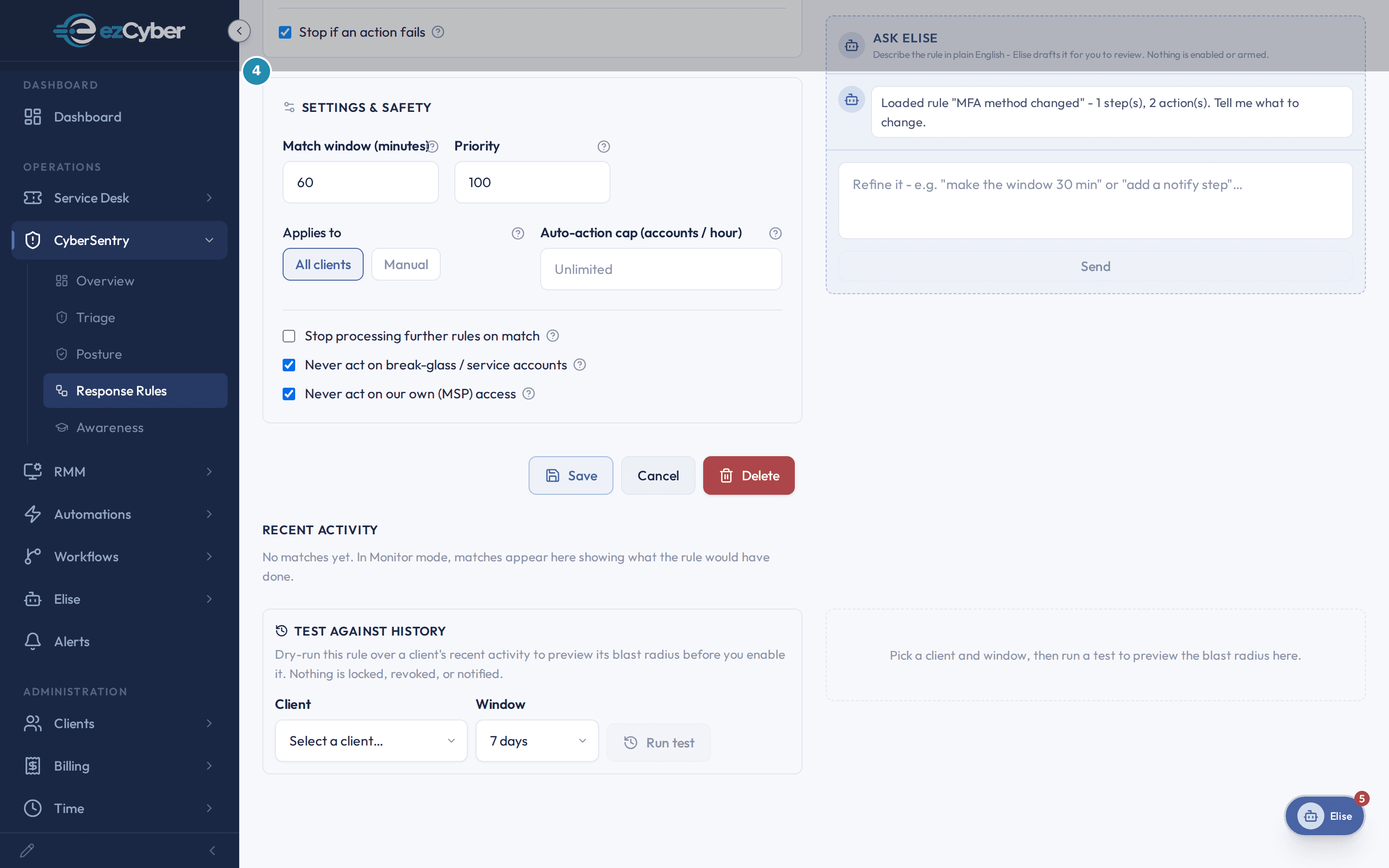 The SETTINGS & SAFETY card on the MFA method changed rule: Match window 60, Priority 100, Applies to All clients, Auto-action cap Unlimited, and three checkboxes with break-glass and MSP access both checked.