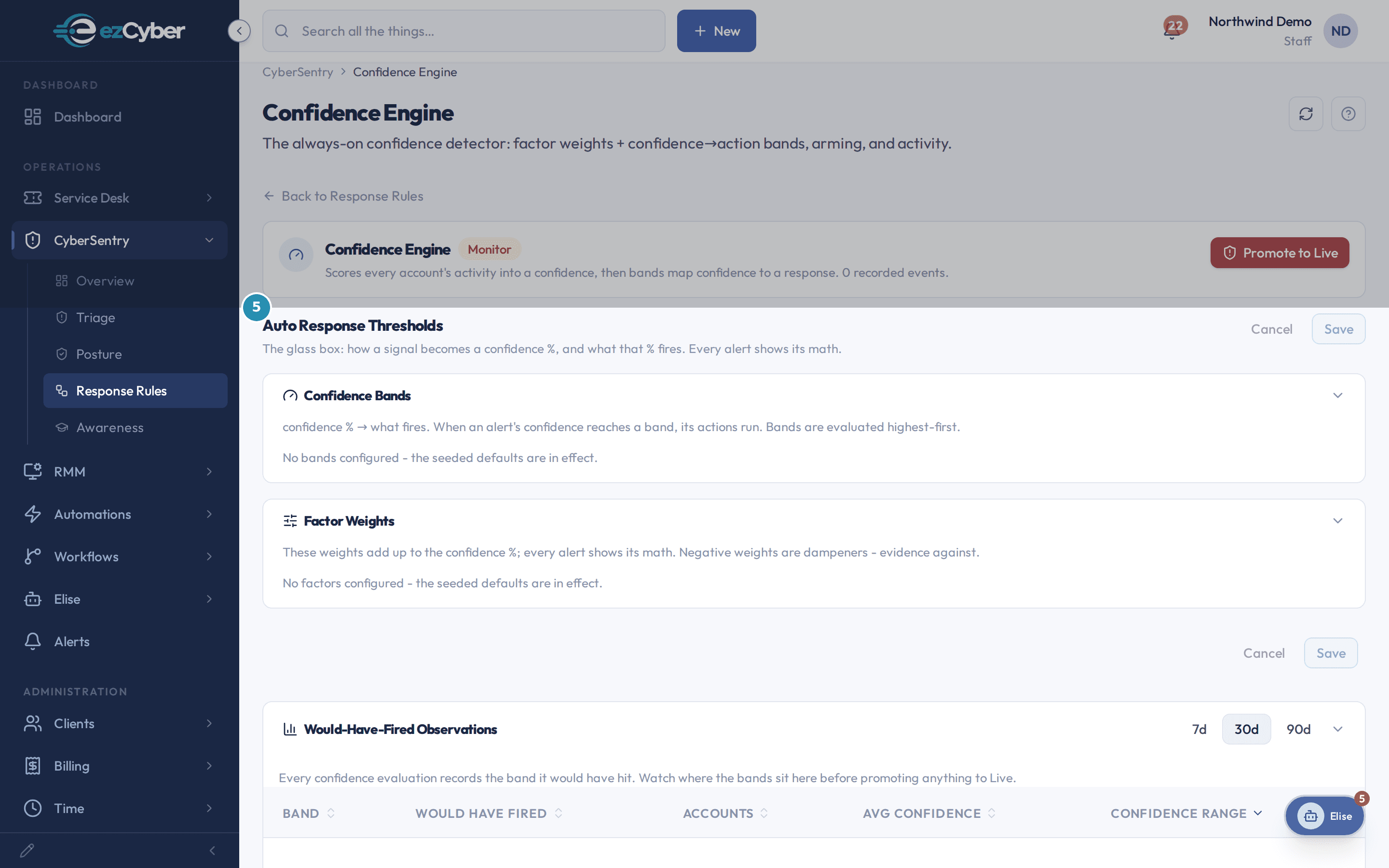 The Confidence Engine page with Auto Response Thresholds boxed: a Confidence Bands card and a Factor Weights card, each reading that the seeded defaults are in effect, above a Would-Have-Fired Observations table.
