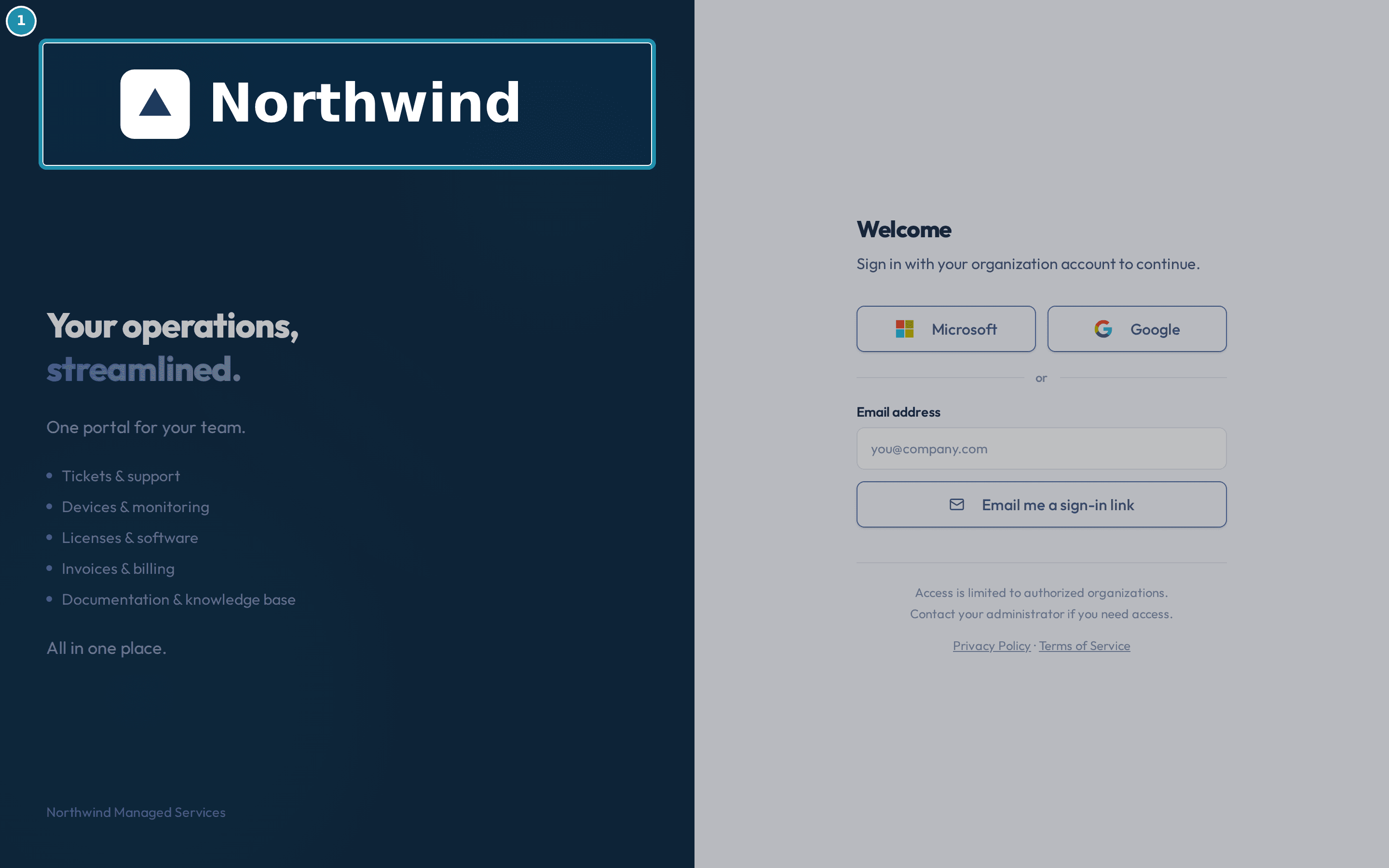 The sign-in page's dark left panel, showing the logo currently uploaded for this tenant.