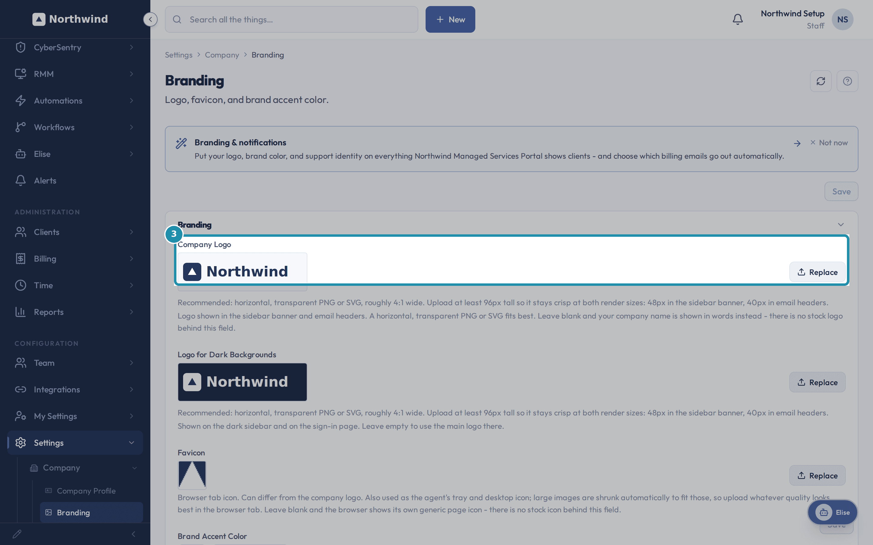 The Company Logo field with a new logo just uploaded, showing its preview and a Replace button.
