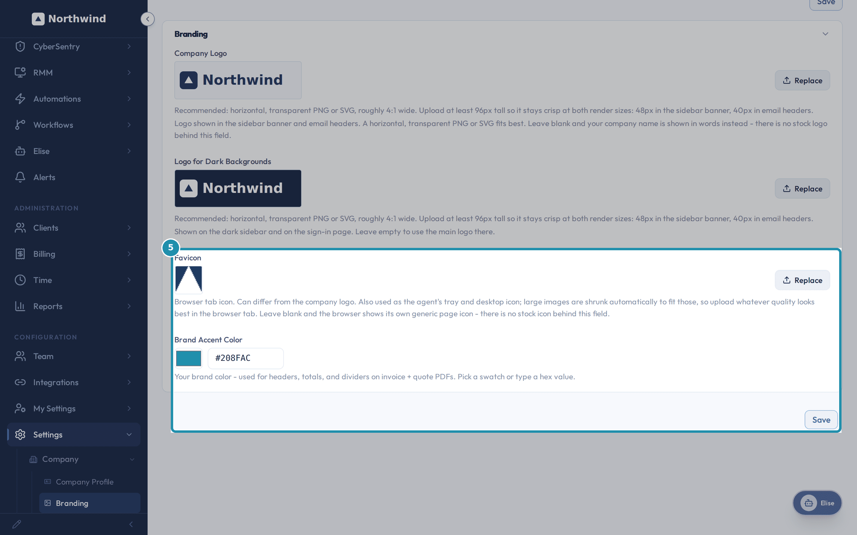 The Favicon field with a new icon uploaded and the Brand Accent Color field showing its hex value, above the Save button.