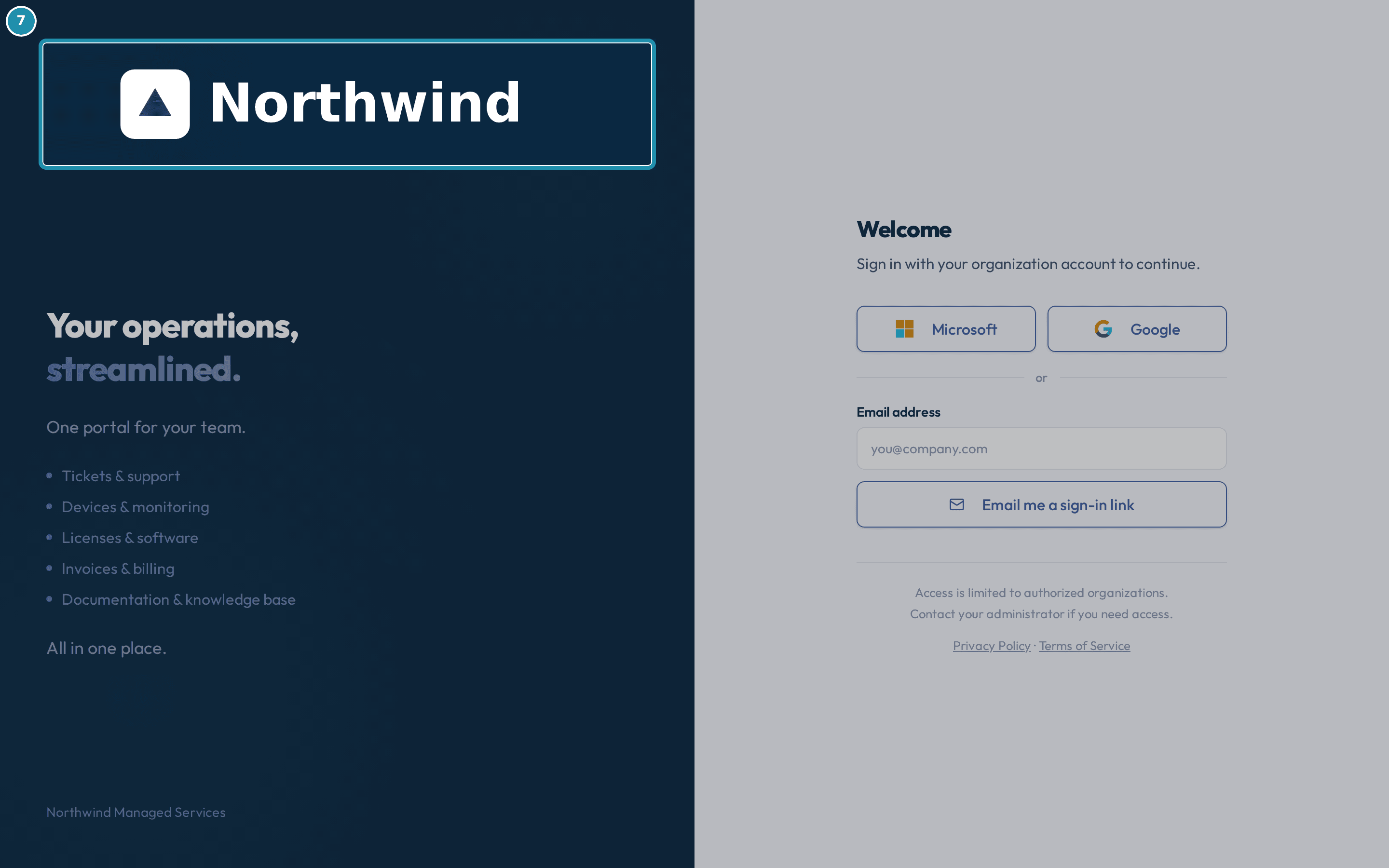 The sign-in page's dark left panel, now showing the dark-ground logo directly with no card behind it.
