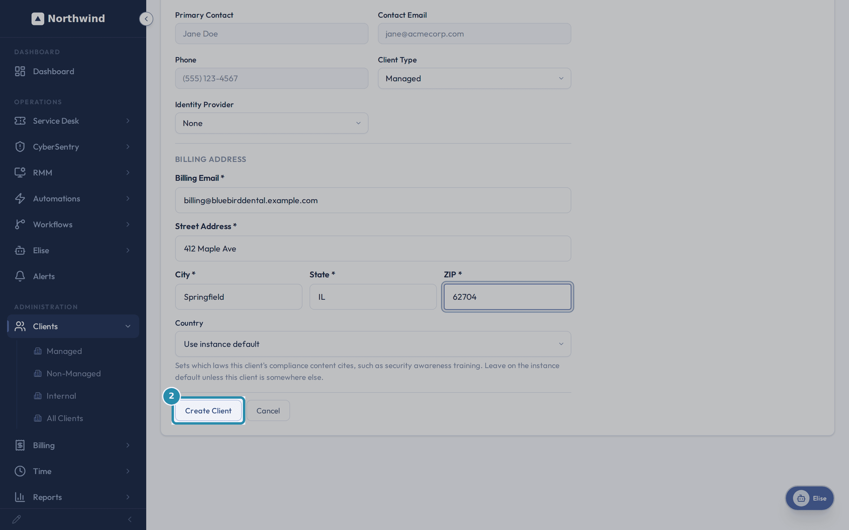 The New Client form filled in for Bluebird Dental, with Identity Provider set to None and the billing address filled in, and the Create Client button below.