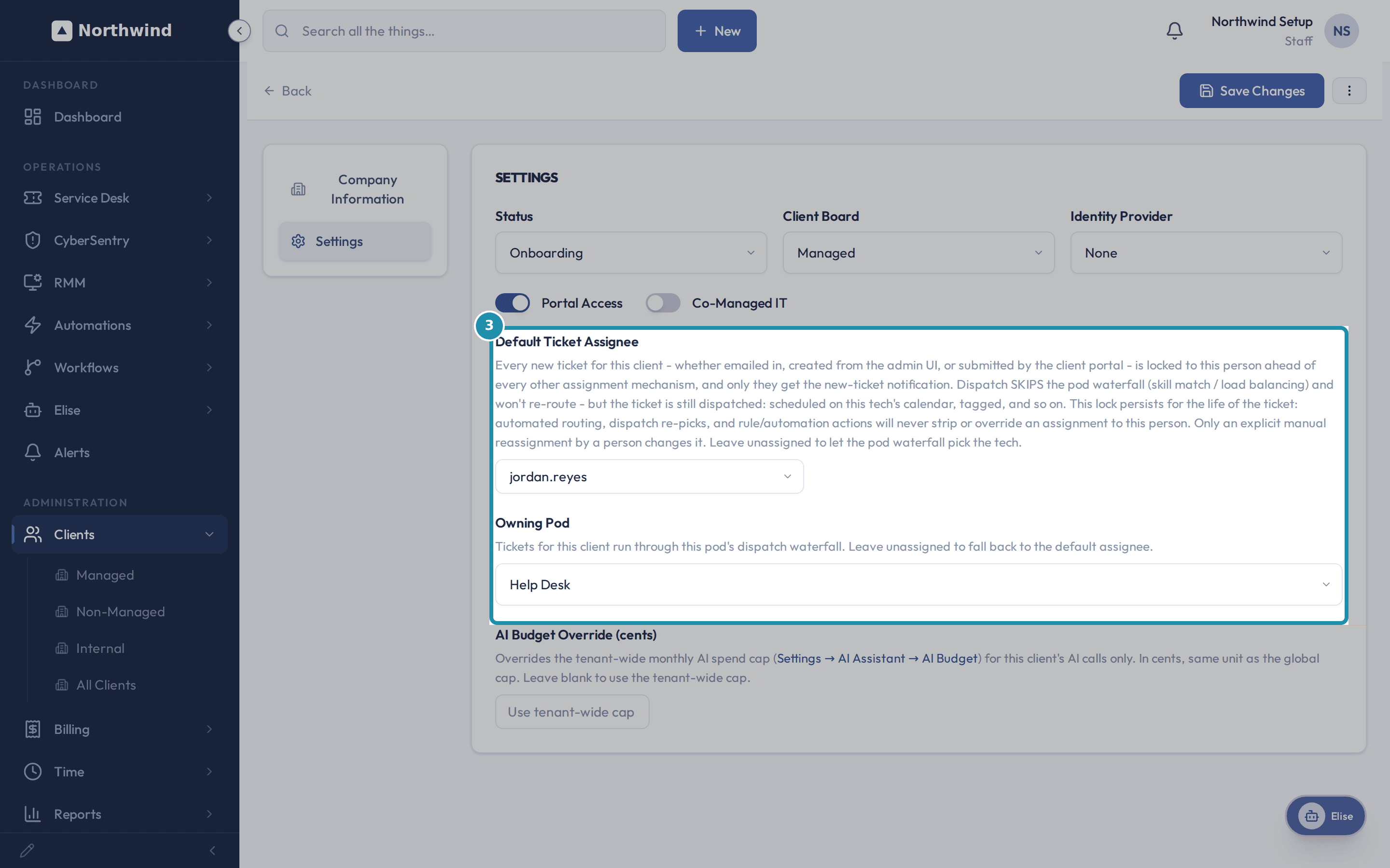 The client's Edit > Settings page, with Co-Managed IT off, Default Ticket Assignee set to jordan.reyes, and the Owning Pod dropdown - already set to Help Desk - highlighted.