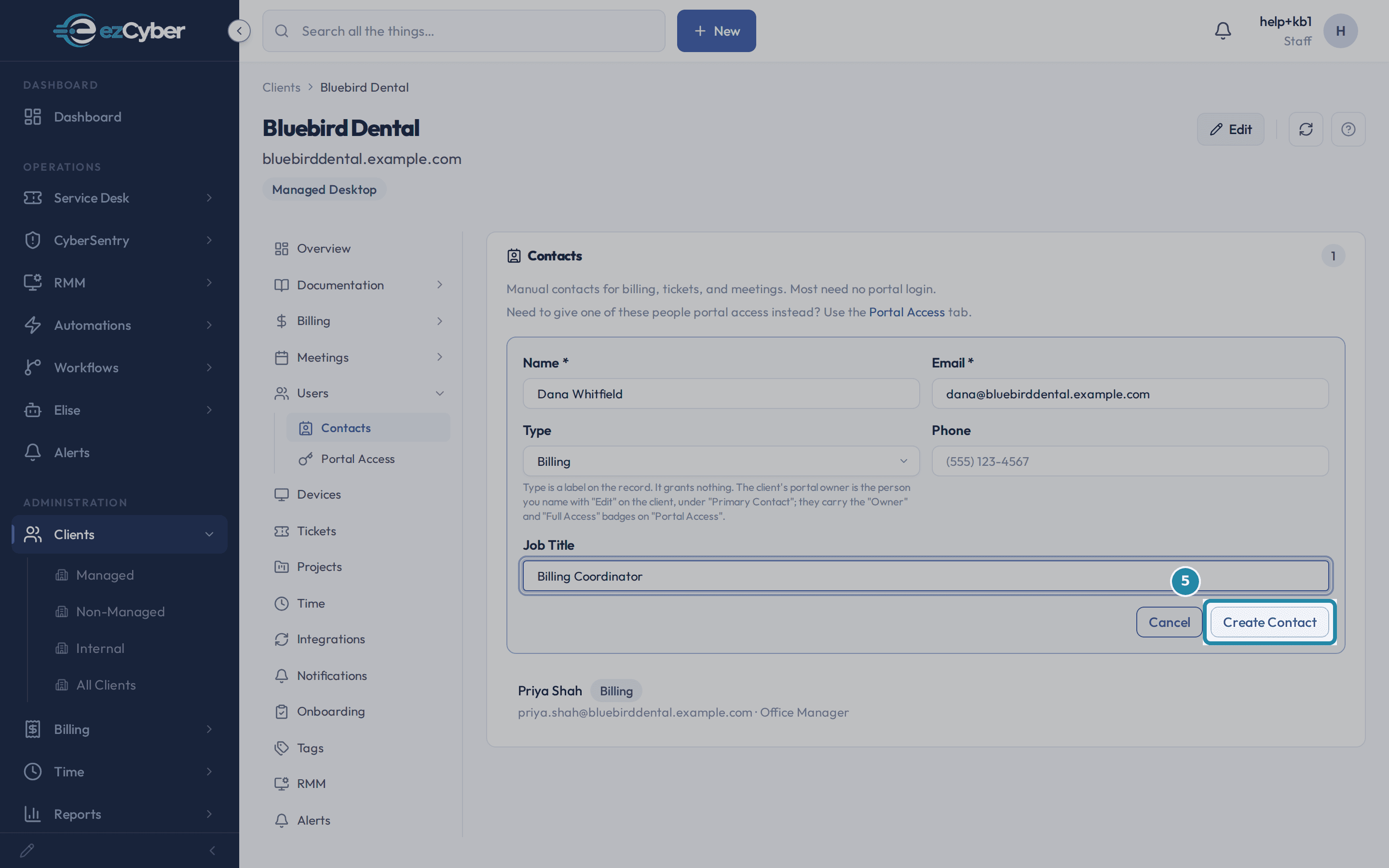 The Add Contact panel filled in for Dana Whitfield, Billing type, Billing Coordinator job title, with the Create Contact button.