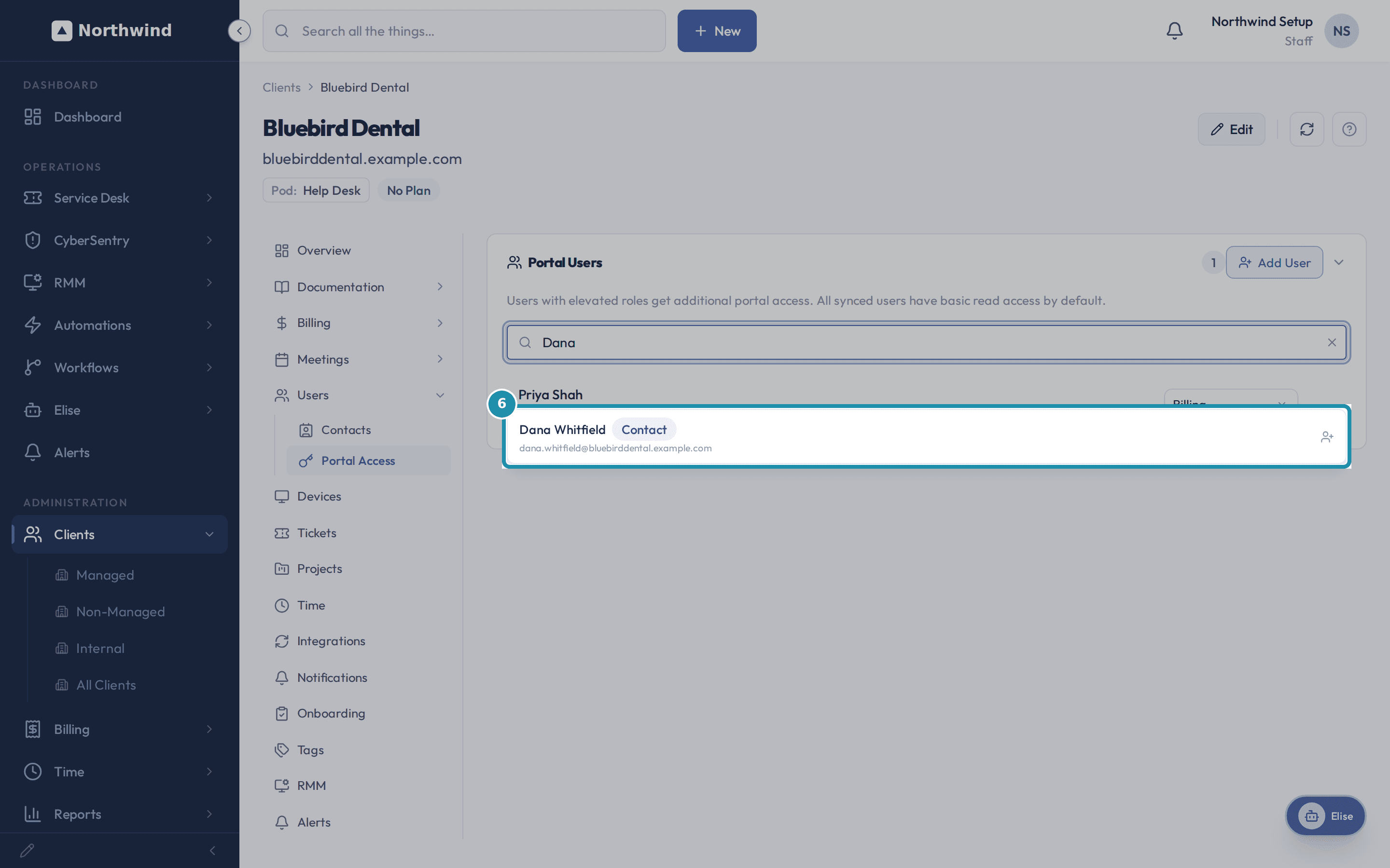The Portal Access tab's Add User search showing "Dana Whitfield" with a Contact badge, about to be clicked.