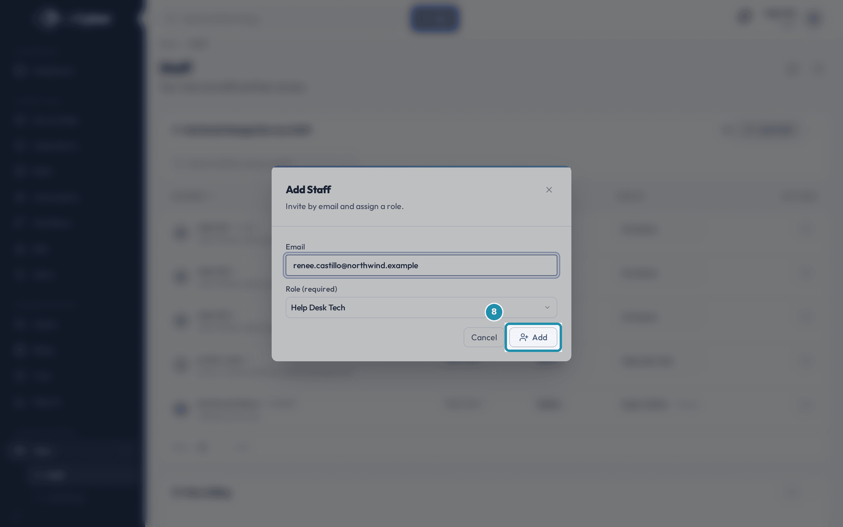 The Add Staff dialog filled in with renee.castillo@northwind.example and the Help Desk Tech role, with the now-enabled Add button highlighted.