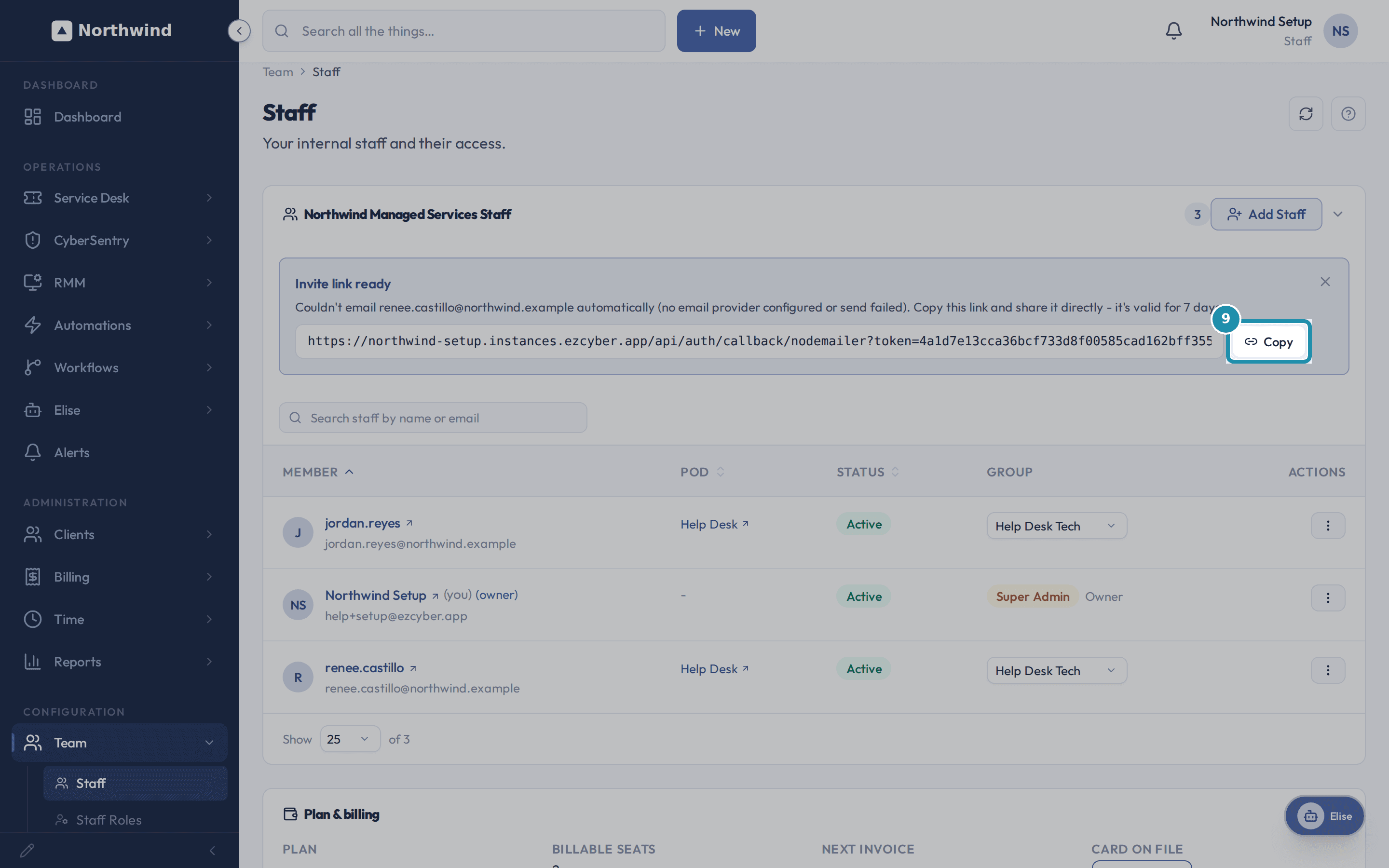 The Staff list showing Jordan Reyes and the newly added Renee Castillo in the Help Desk pod with the Help Desk Tech group, and the "Invite link ready" panel with its Copy button highlighted.