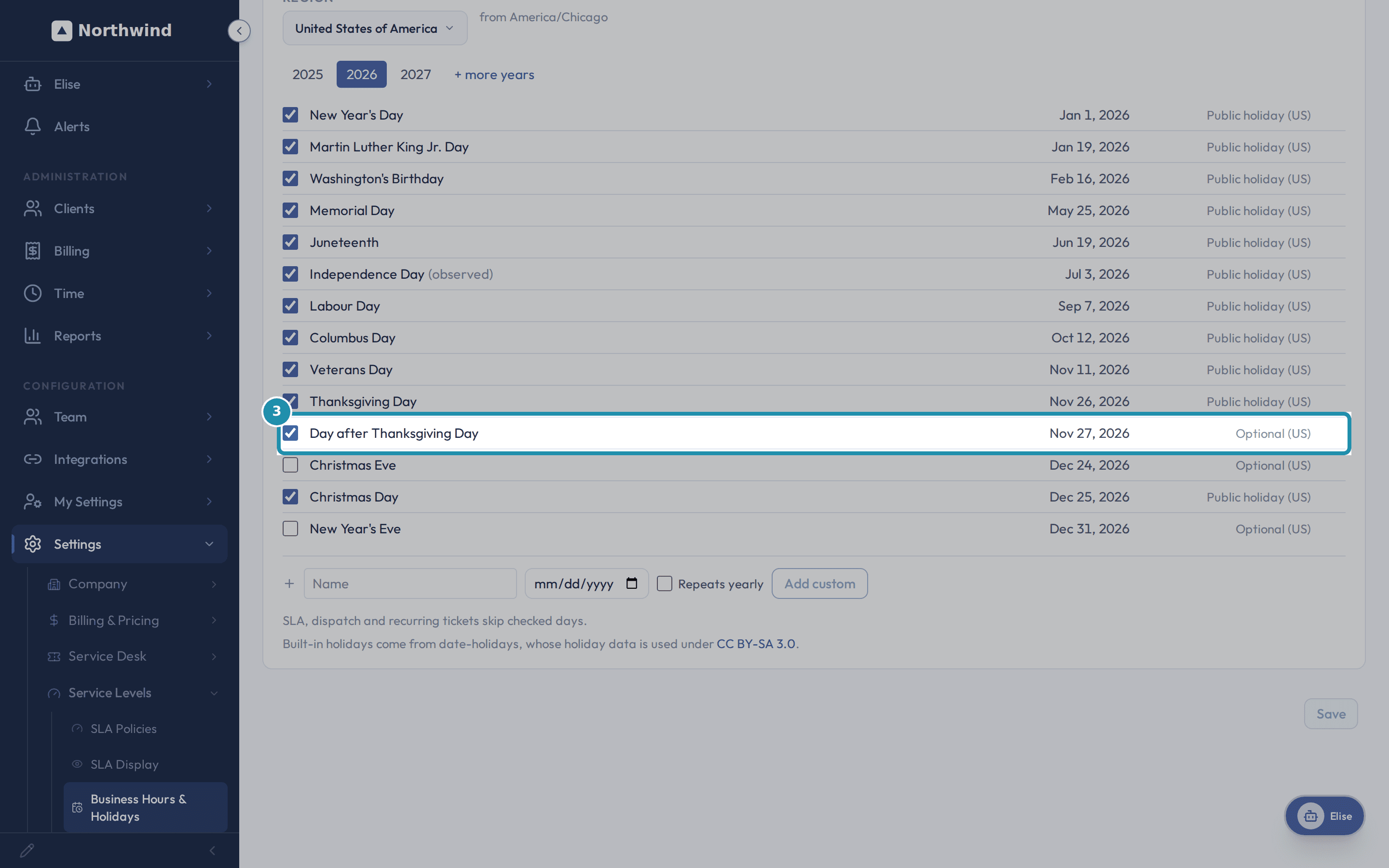 The "Day after Thanksgiving Day" checkbox in the Holidays list, ticked, with the card's Save button now active.