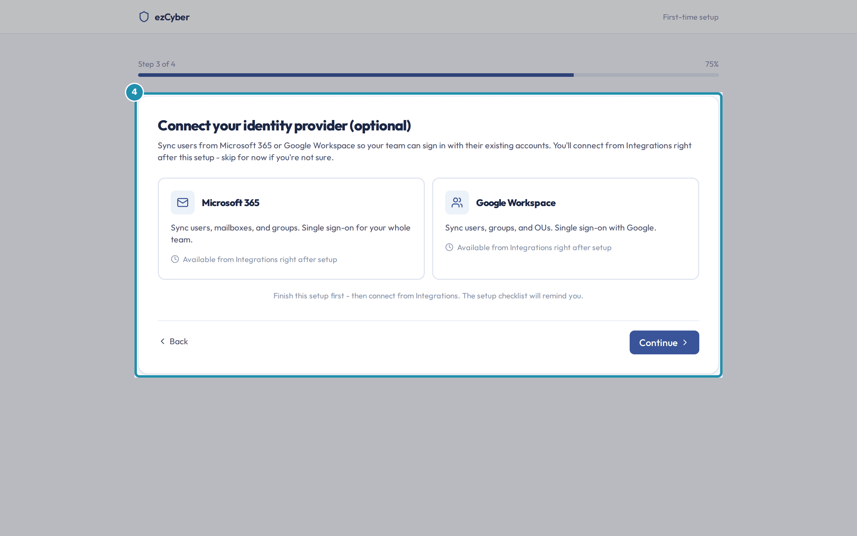 The identity provider preview step showing Microsoft 365 and Google Workspace cards, both marked available after setup.