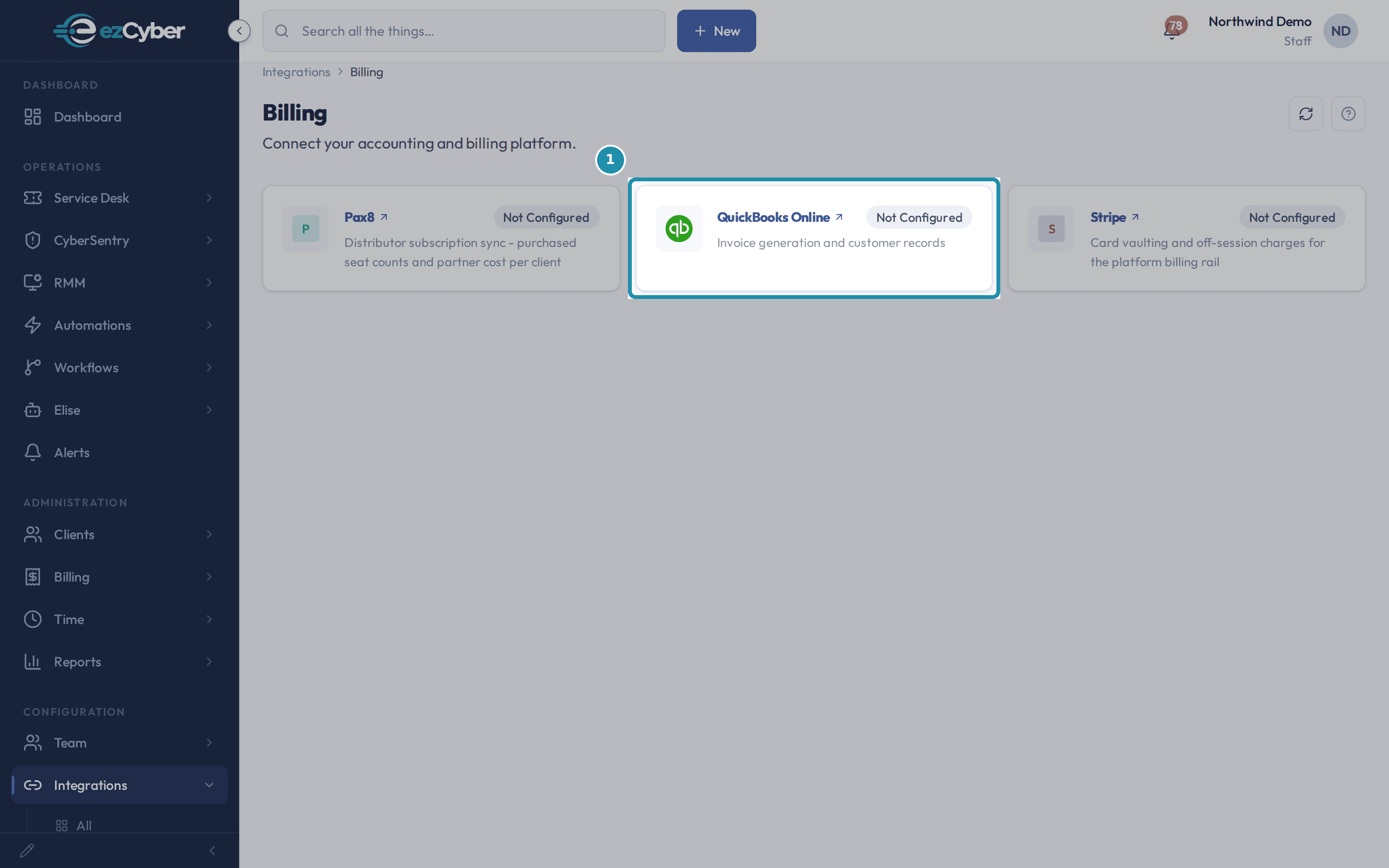 The Integrations Billing tab with a teal outline around the QuickBooks Online card, showing it Not Configured next to Pax8 and Stripe.