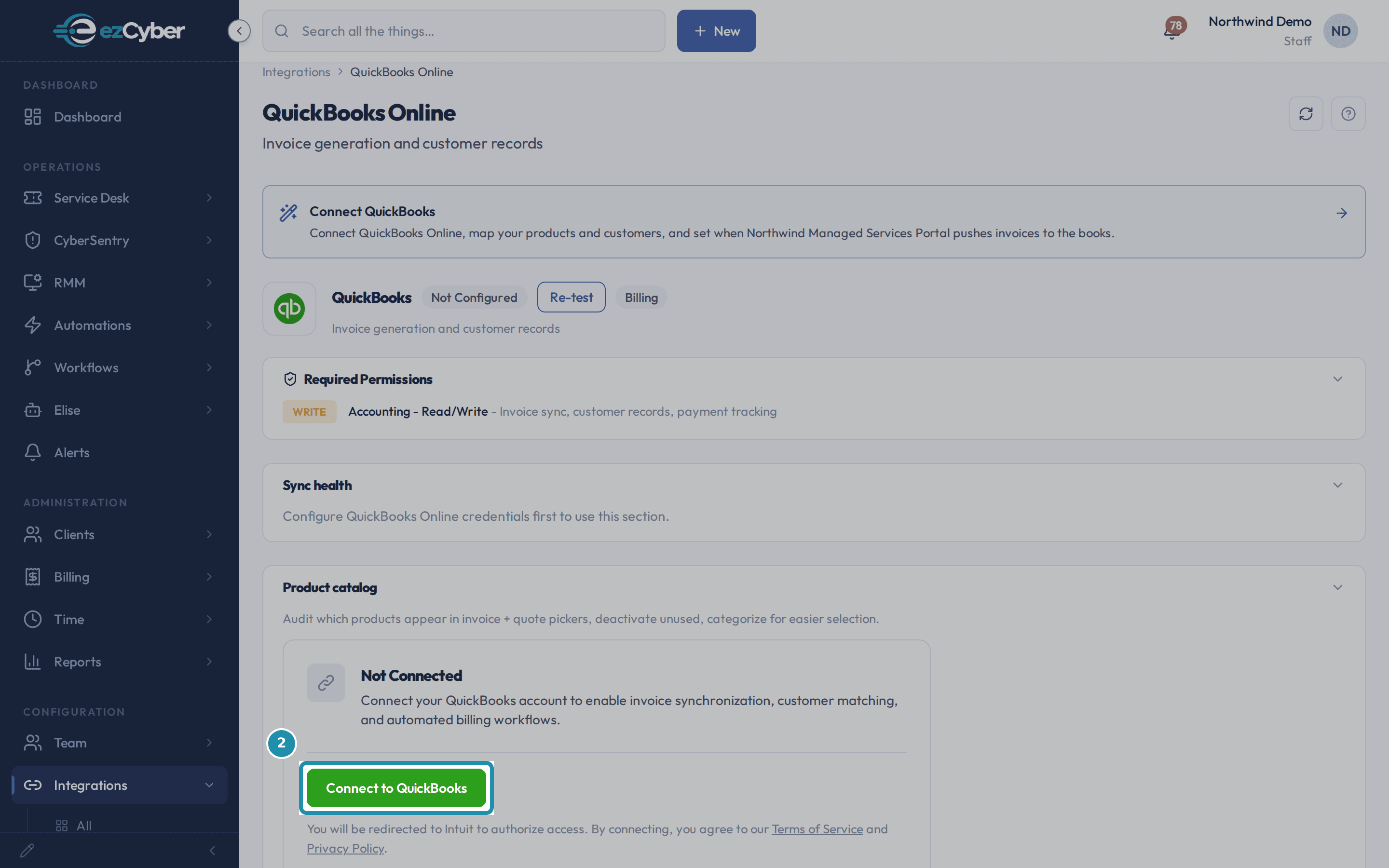 The QuickBooks Online integration detail page, not connected, with a teal outline around the green Connect to QuickBooks button.