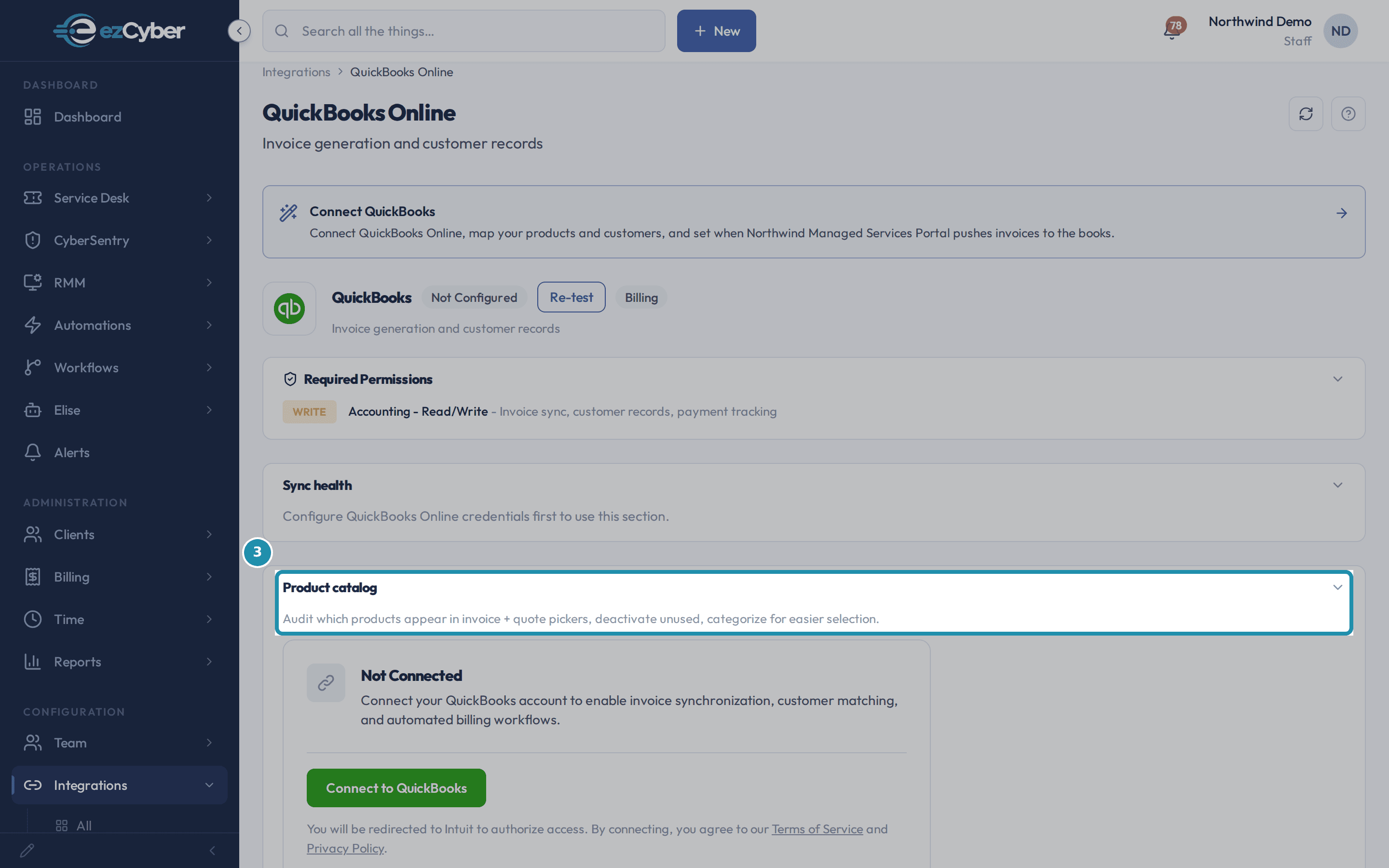 The QuickBooks Online detail page with a teal outline around the collapsed Product catalog card and its description line.