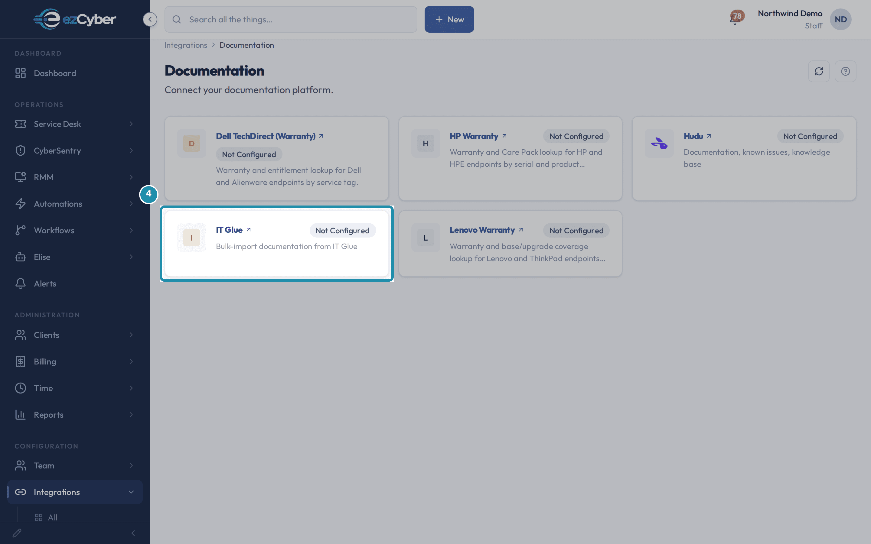 The Integrations Documentation tab with a teal outline around the IT Glue card, reading Not Configured, Bulk-import documentation from IT Glue.