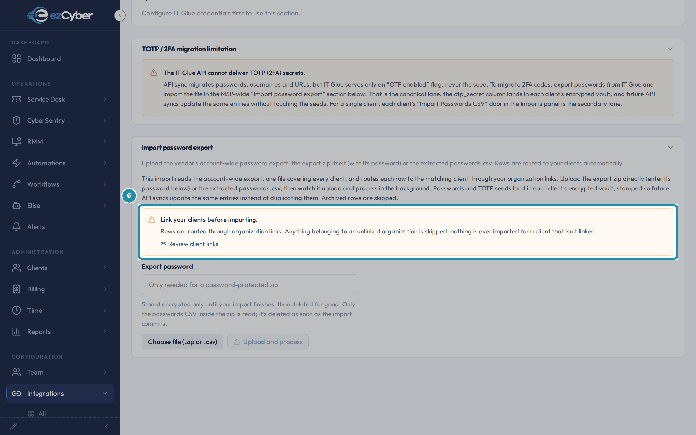 The IT Glue detail page with a teal outline around the amber Link your clients before importing banner, above the Choose file button.