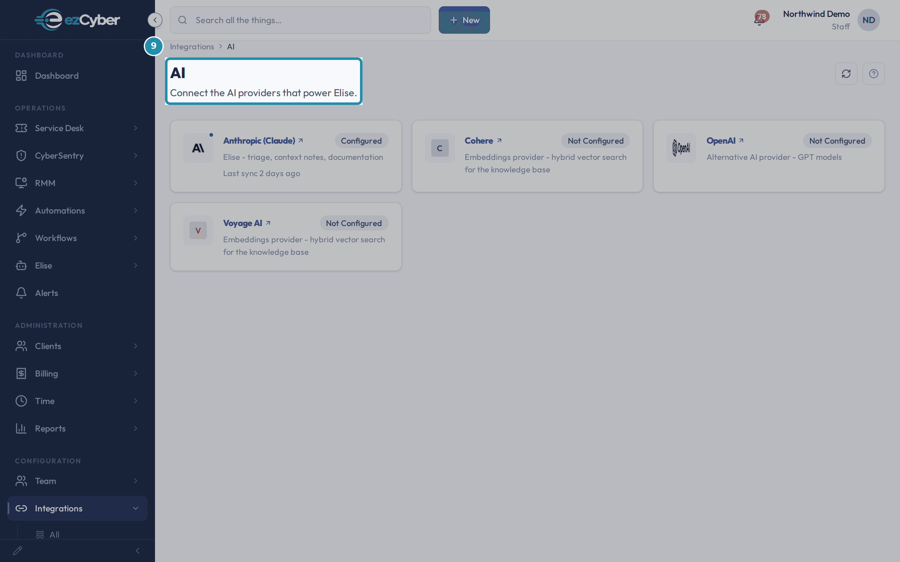 The Integrations AI tab with a teal outline around the page heading and its Connect the AI providers that power Elise subtitle.