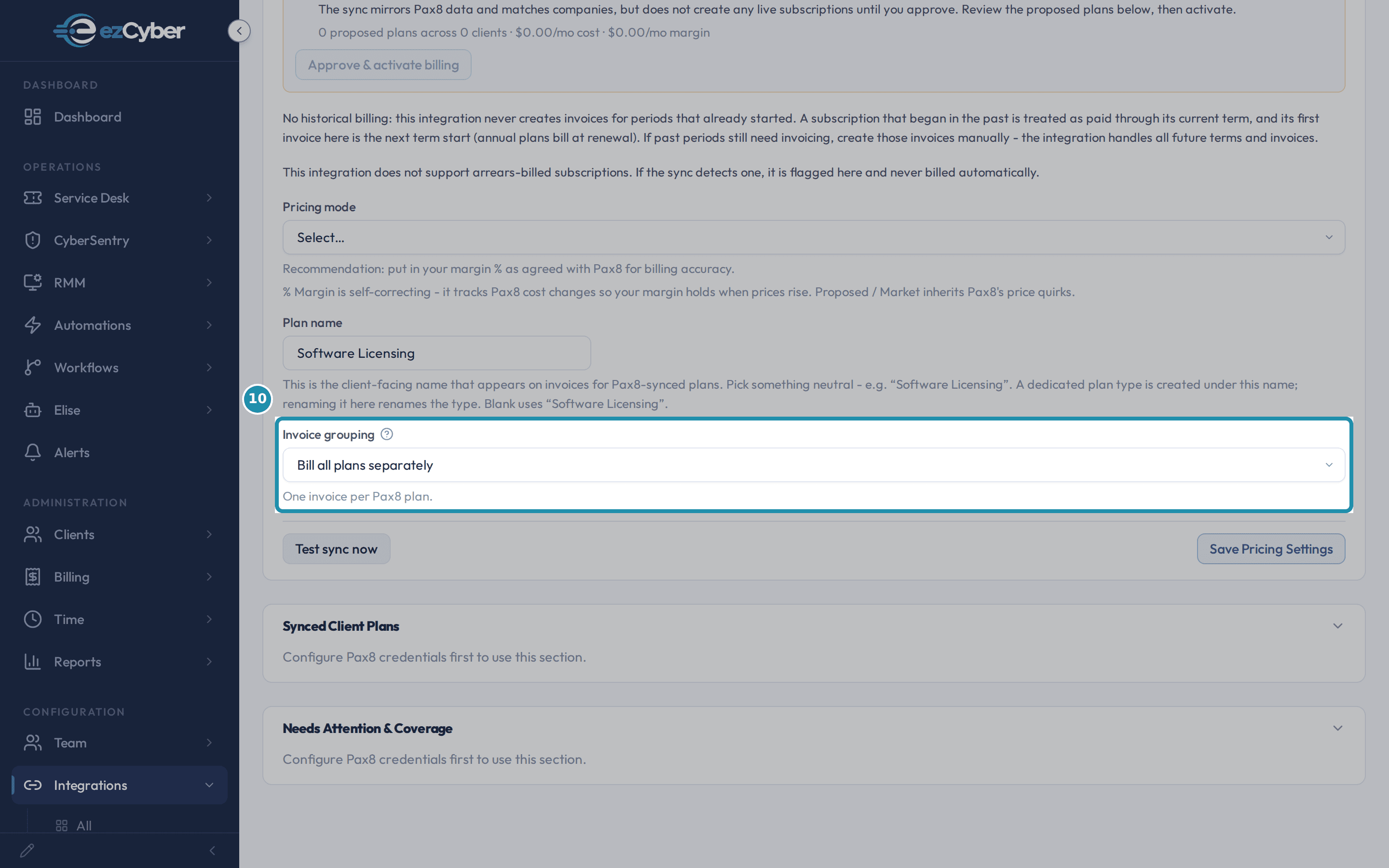 The Pax8 integration detail page with a teal outline around the Invoice grouping field, set to Bill all plans separately, and its helper line.