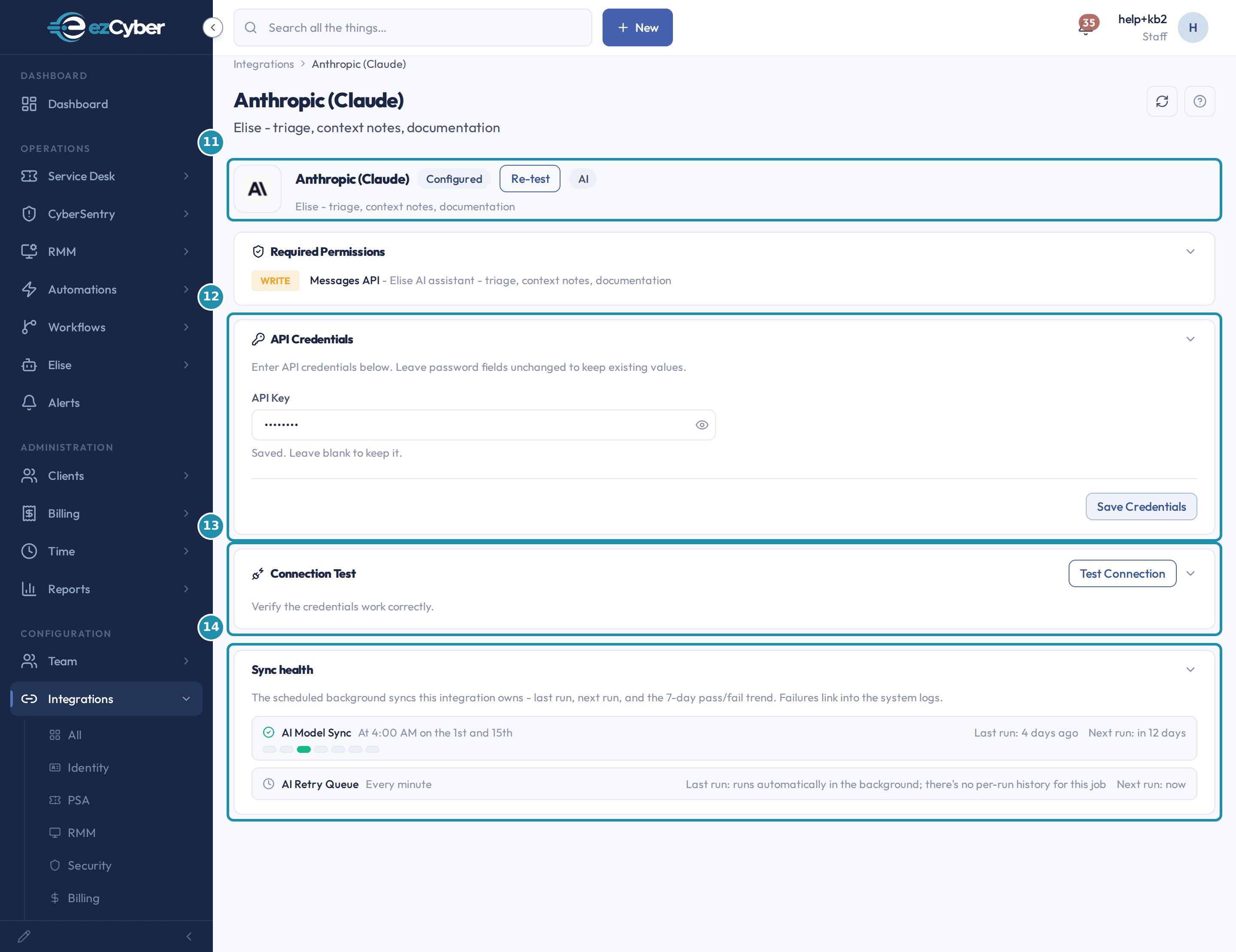 The Anthropic (Claude) integration detail page with numbered teal badges on the provider header, the API Credentials card, the Connection Test card, and the Sync health card.