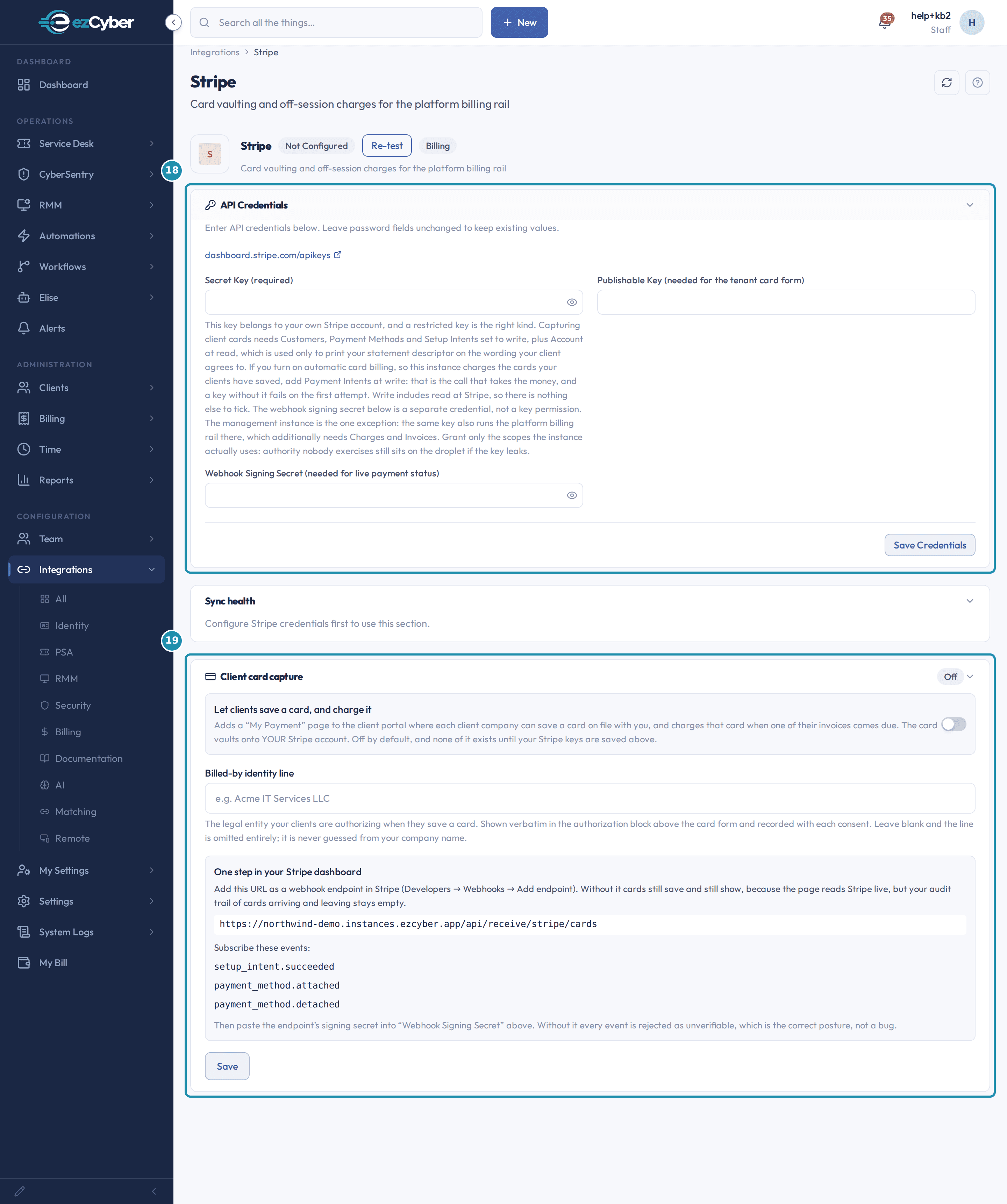 The Stripe integration detail page with numbered teal badges on the API Credentials card (Secret Key, Publishable Key, Webhook Signing Secret) and the Client card capture section below it, including its webhook setup block.