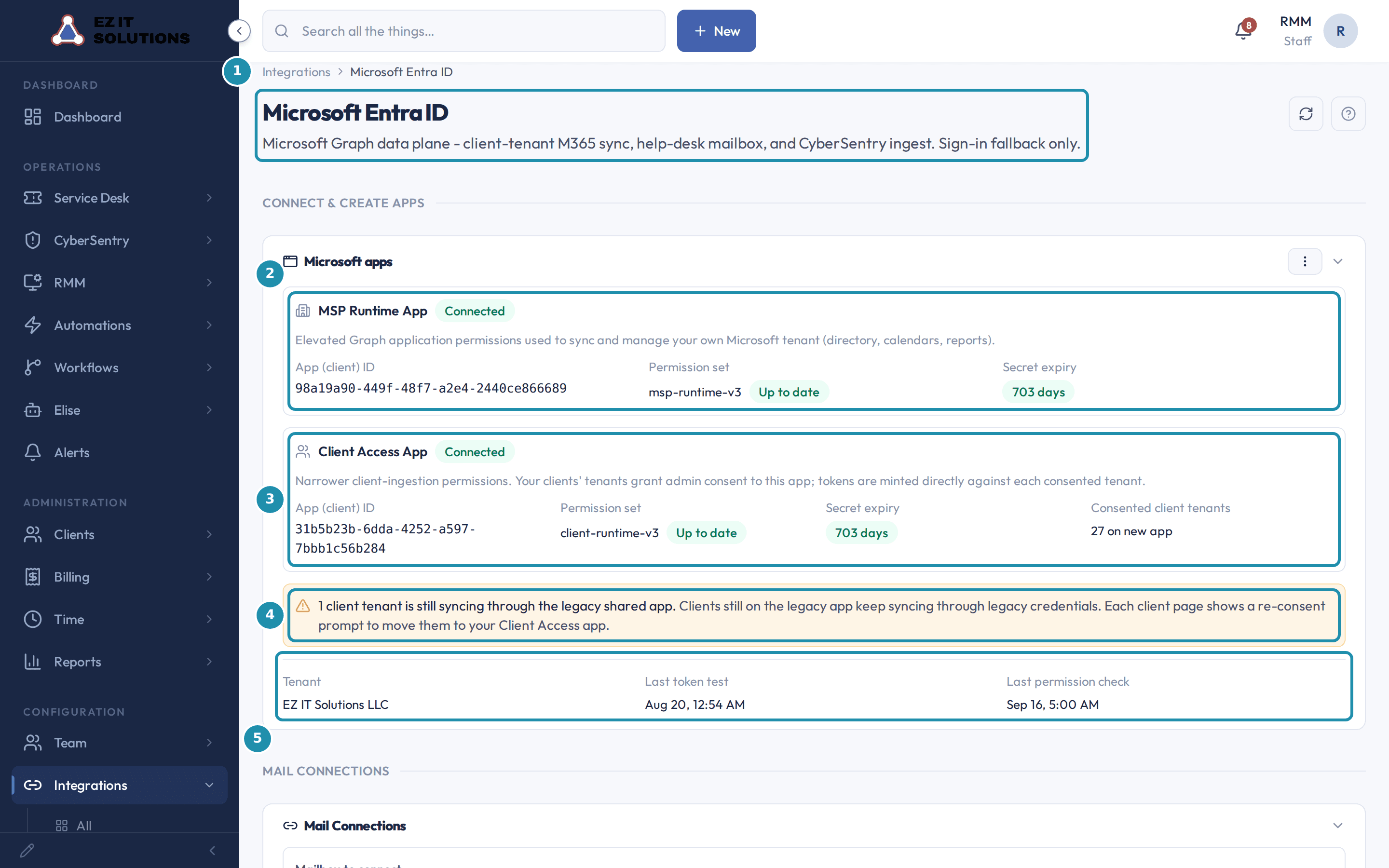 The Microsoft Entra ID integration page with numbered teal badges on the page header, the MSP Runtime App row, the Client Access App row, the legacy shared app note, and the tenant and last-check row.