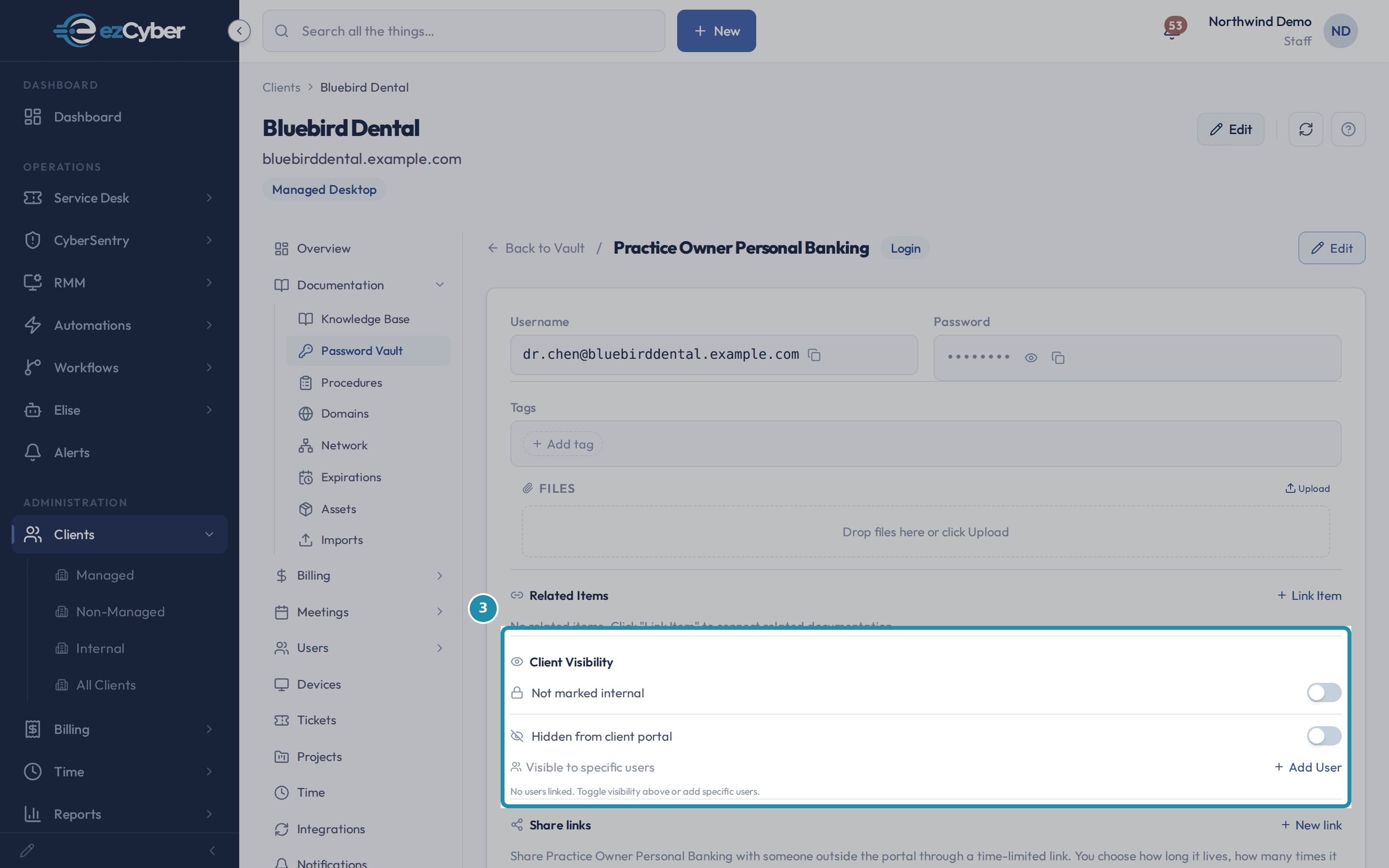 The Client Visibility panel on Practice Owner Personal Banking with both toggles off and the empty Visible to specific users section showing its Add User button.