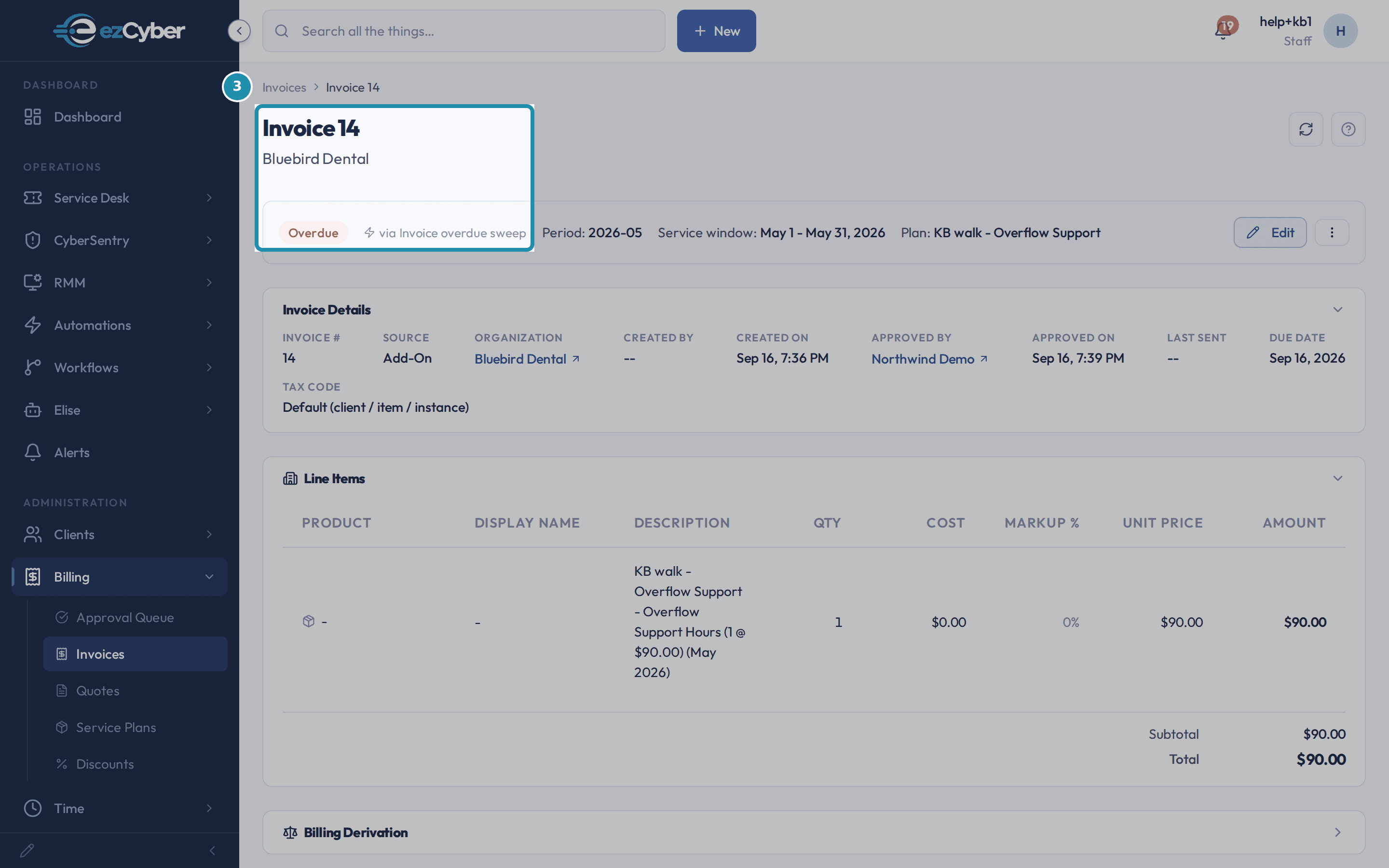 An invoice header highlighted, reading Invoice 14, Bluebird Dental, an Overdue status badge, and beside it the words via Invoice overdue sweep.