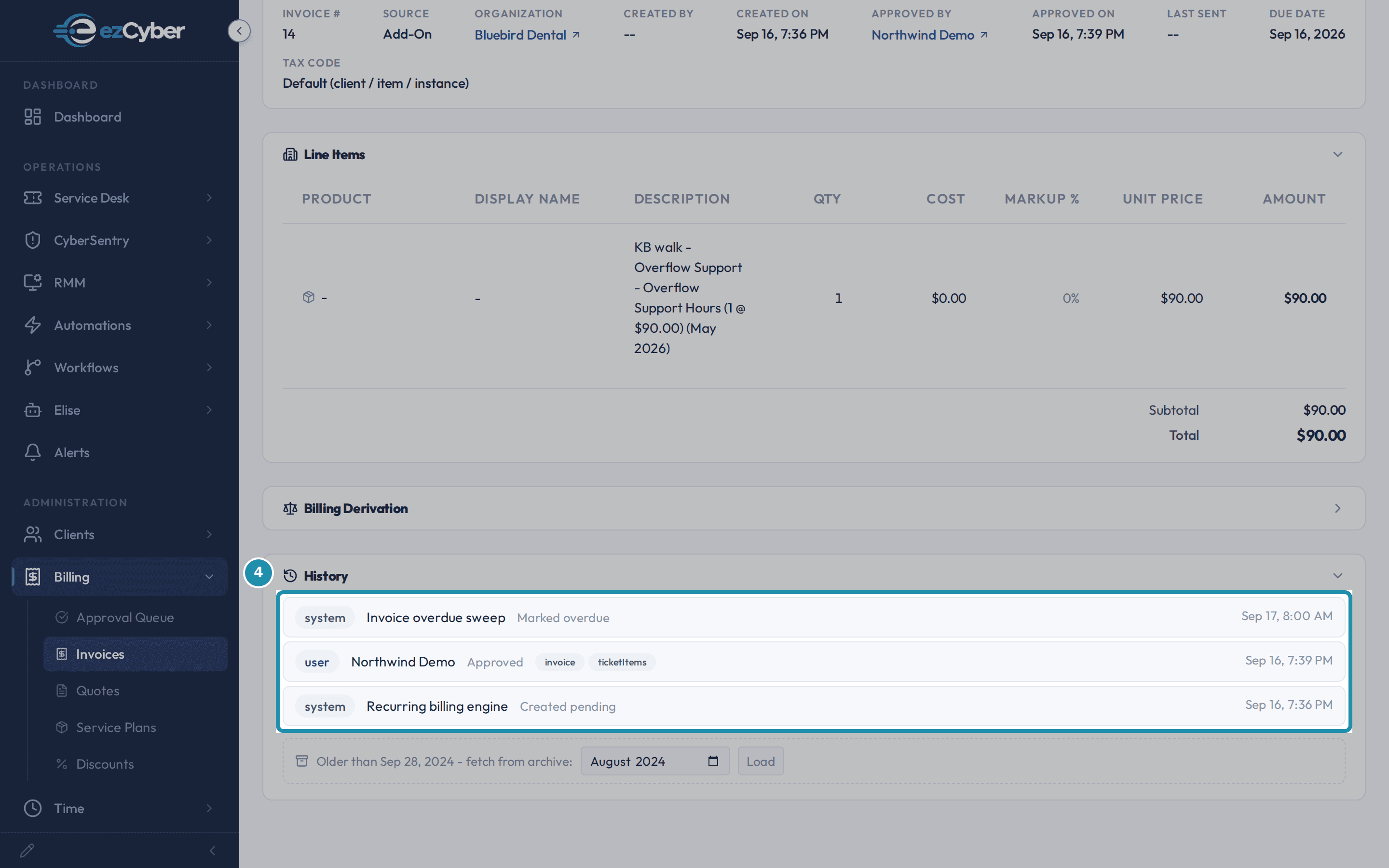 An invoice History card with three rows highlighted: system Invoice overdue sweep Marked overdue, user Northwind Demo Approved, and system Recurring billing engine Created pending.