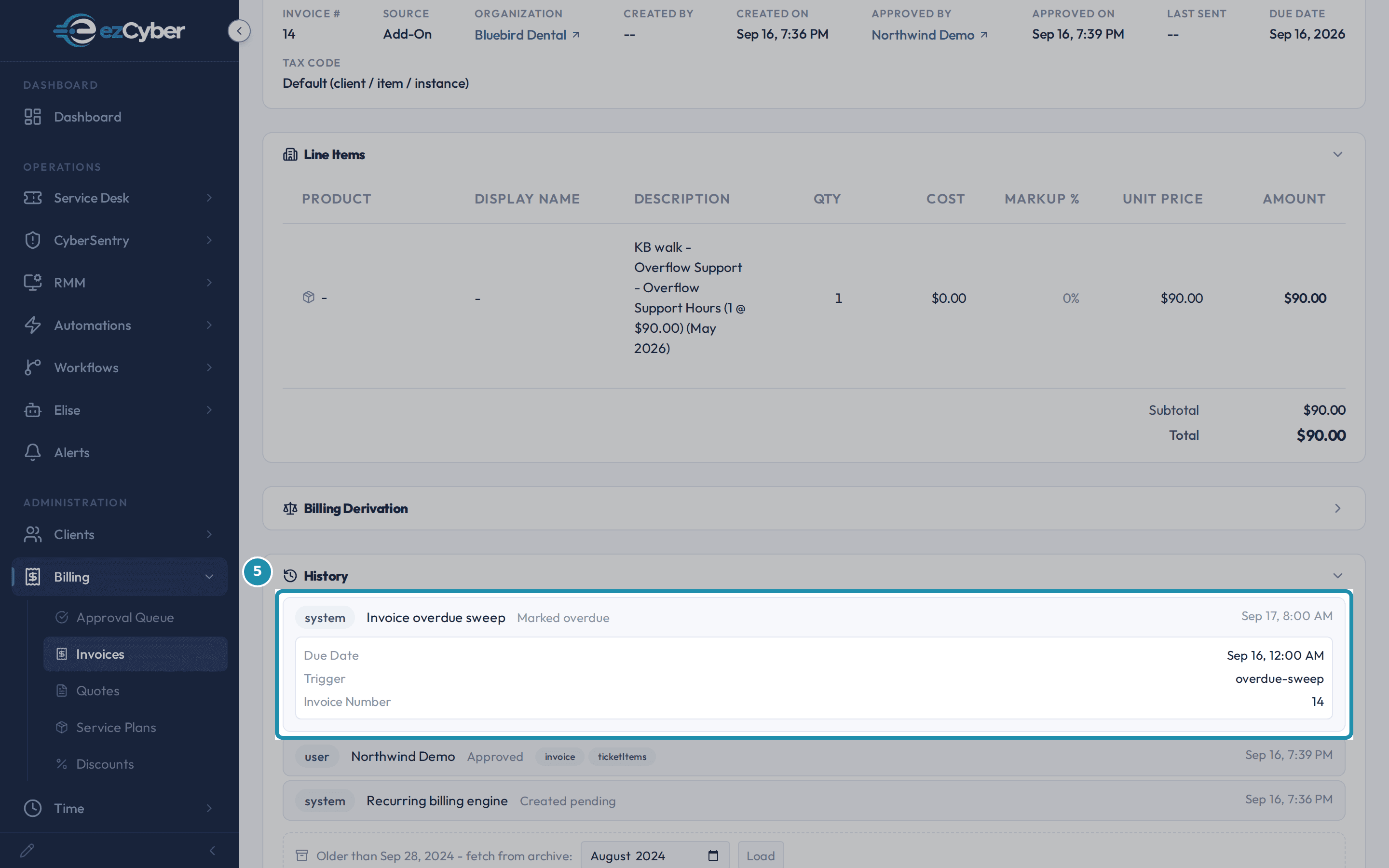 The same invoice History row expanded and highlighted, showing Due Date Sep 16, 12:00 AM, Trigger overdue-sweep and Invoice Number 14 under the Invoice overdue sweep line.