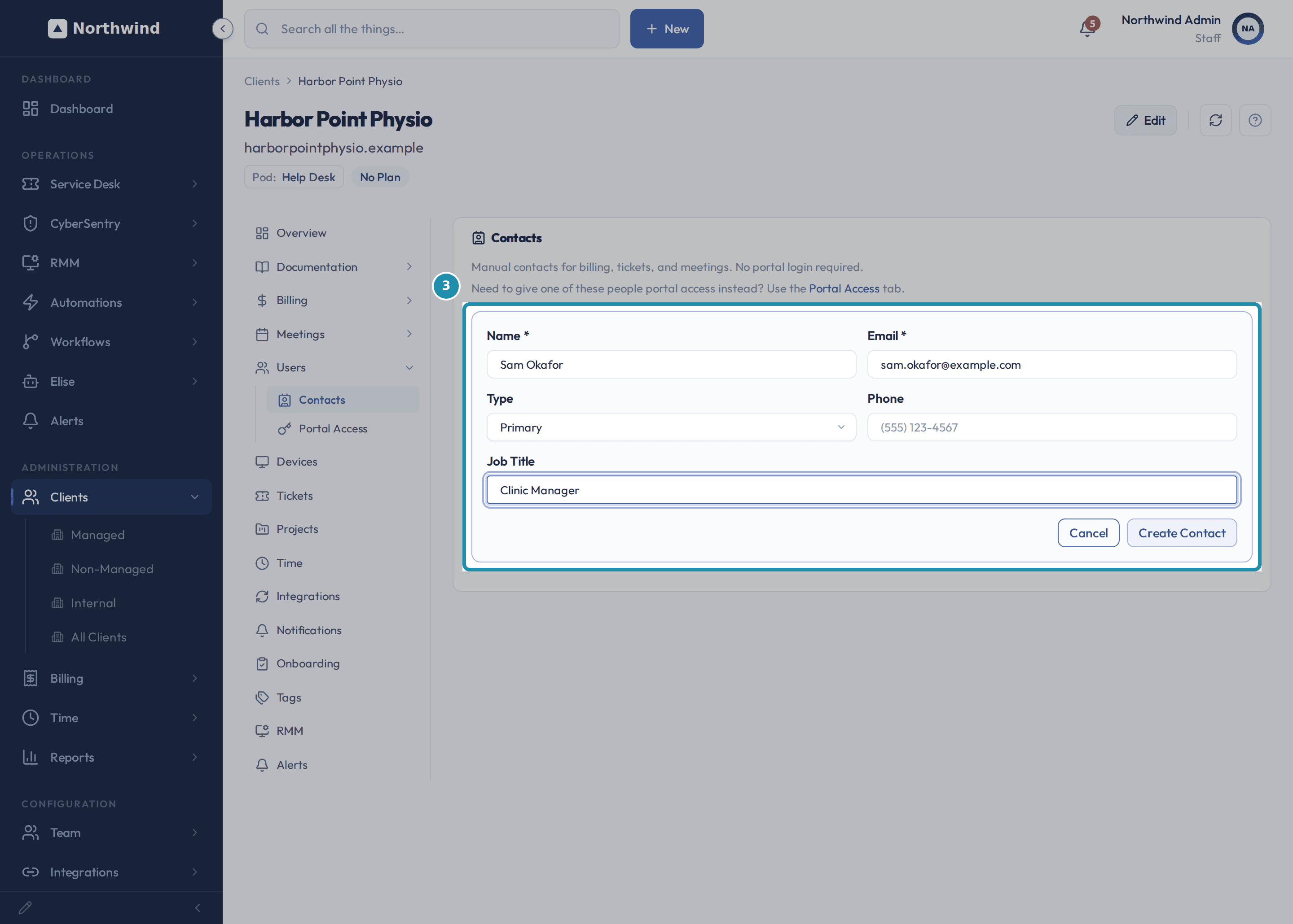 The Add Contact panel filled in for Sam Okafor, Type Primary, Job Title Clinic Manager, with the Create Contact button.