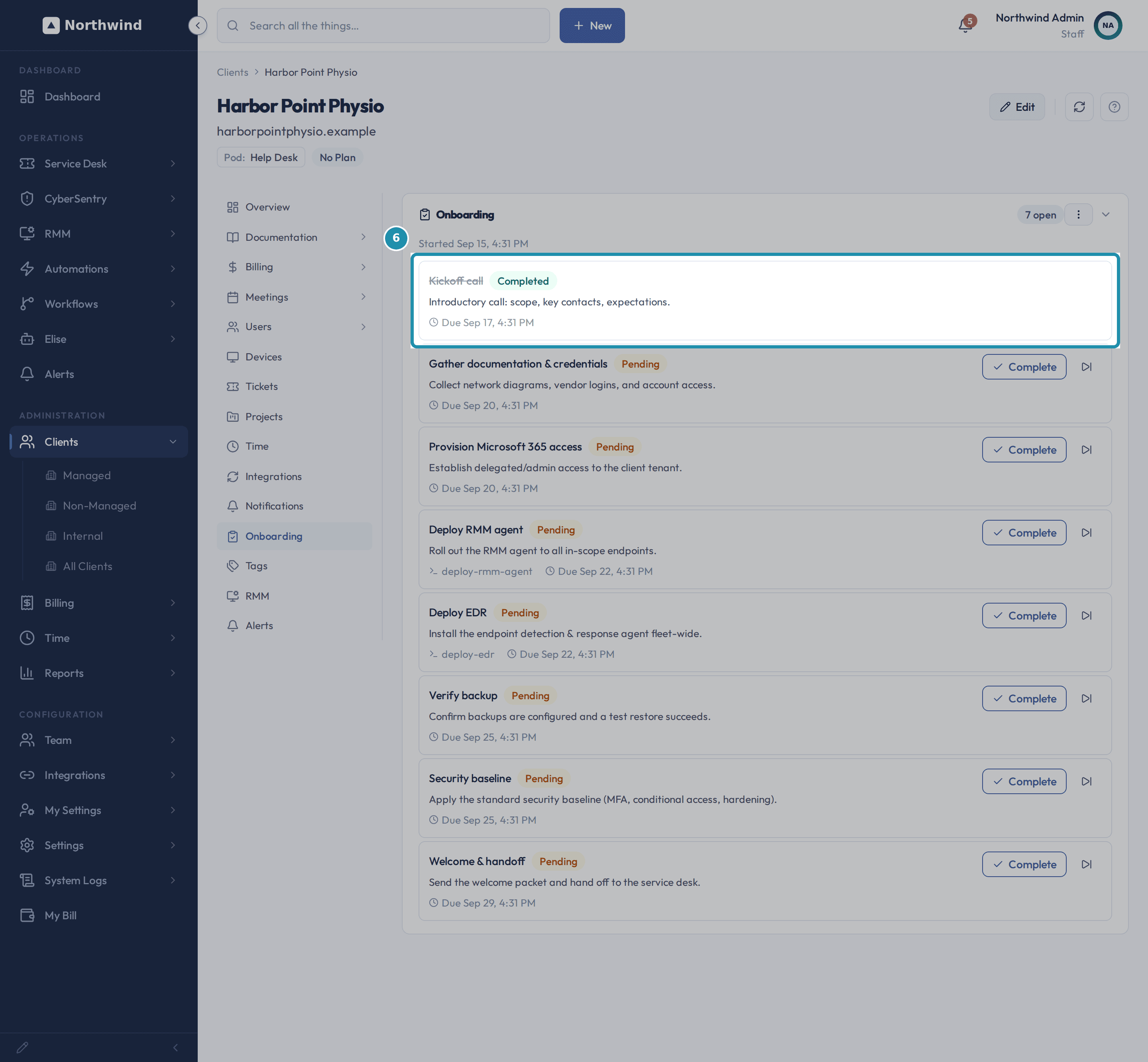 The Onboarding checklist with Kickoff call now struck through and marked Completed, and the open count reading 7 open.