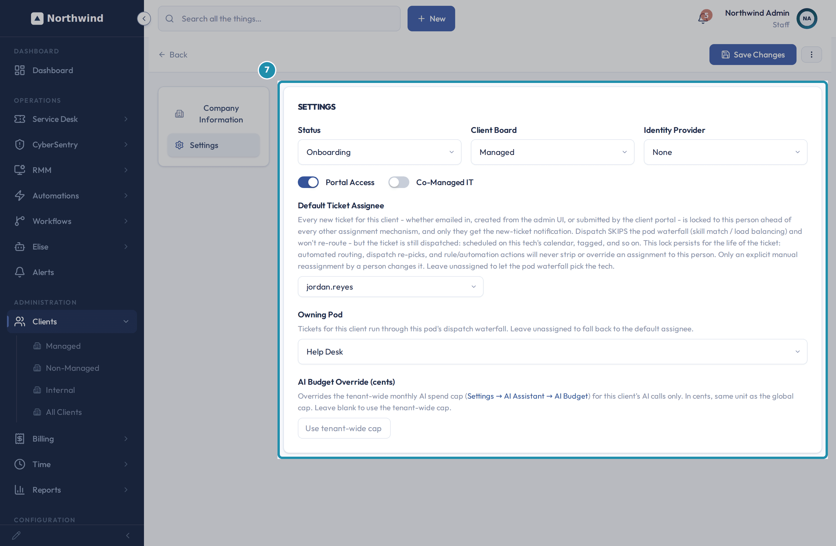 The client's Edit > Settings page with Default Ticket Assignee set to jordan.reyes and Owning Pod still reading Help Desk.
