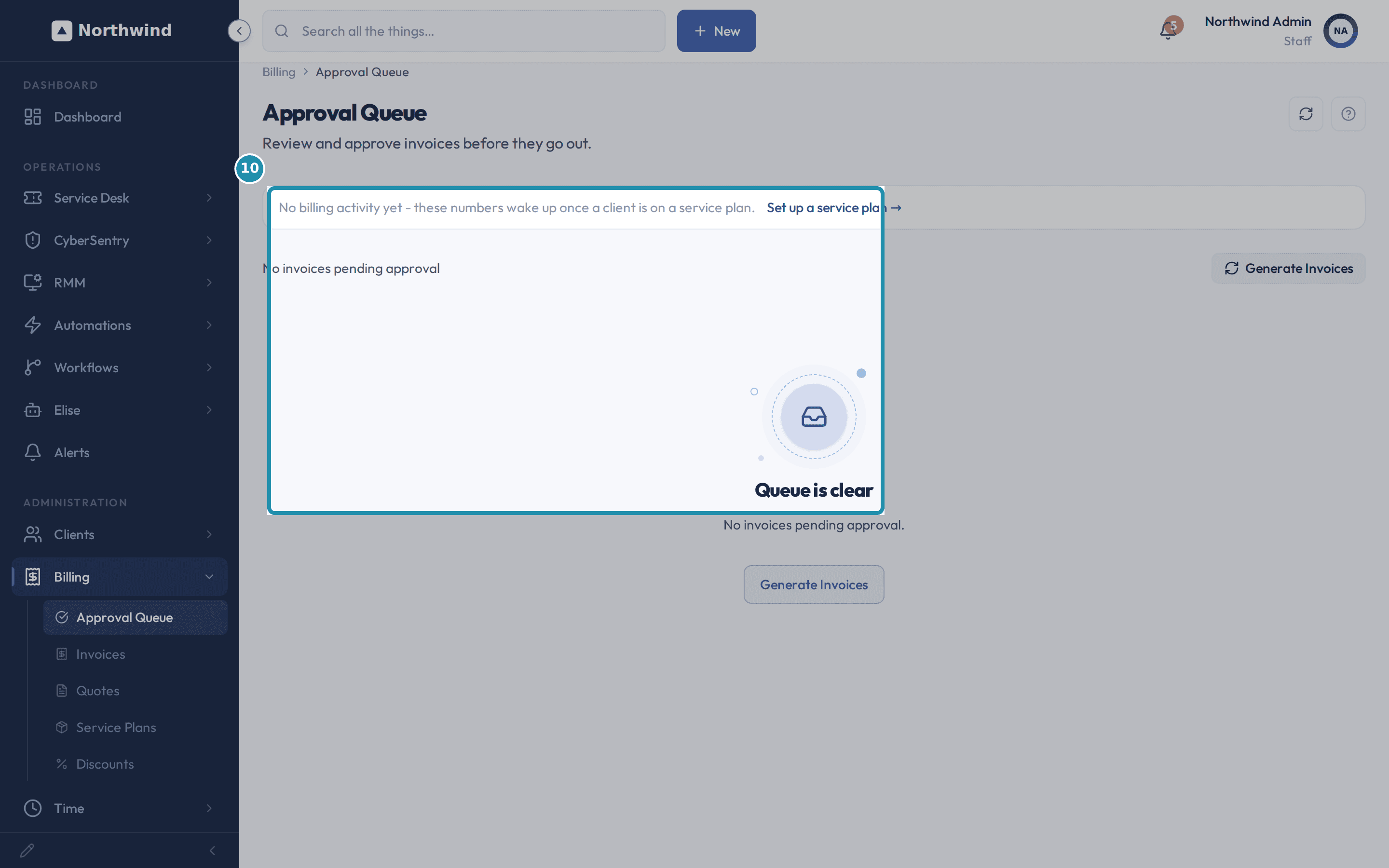 The Approval Queue reading Queue is clear and No billing activity yet - these numbers wake up once a client is on a service plan, right after Generate Invoices was run with the new subscription already active.