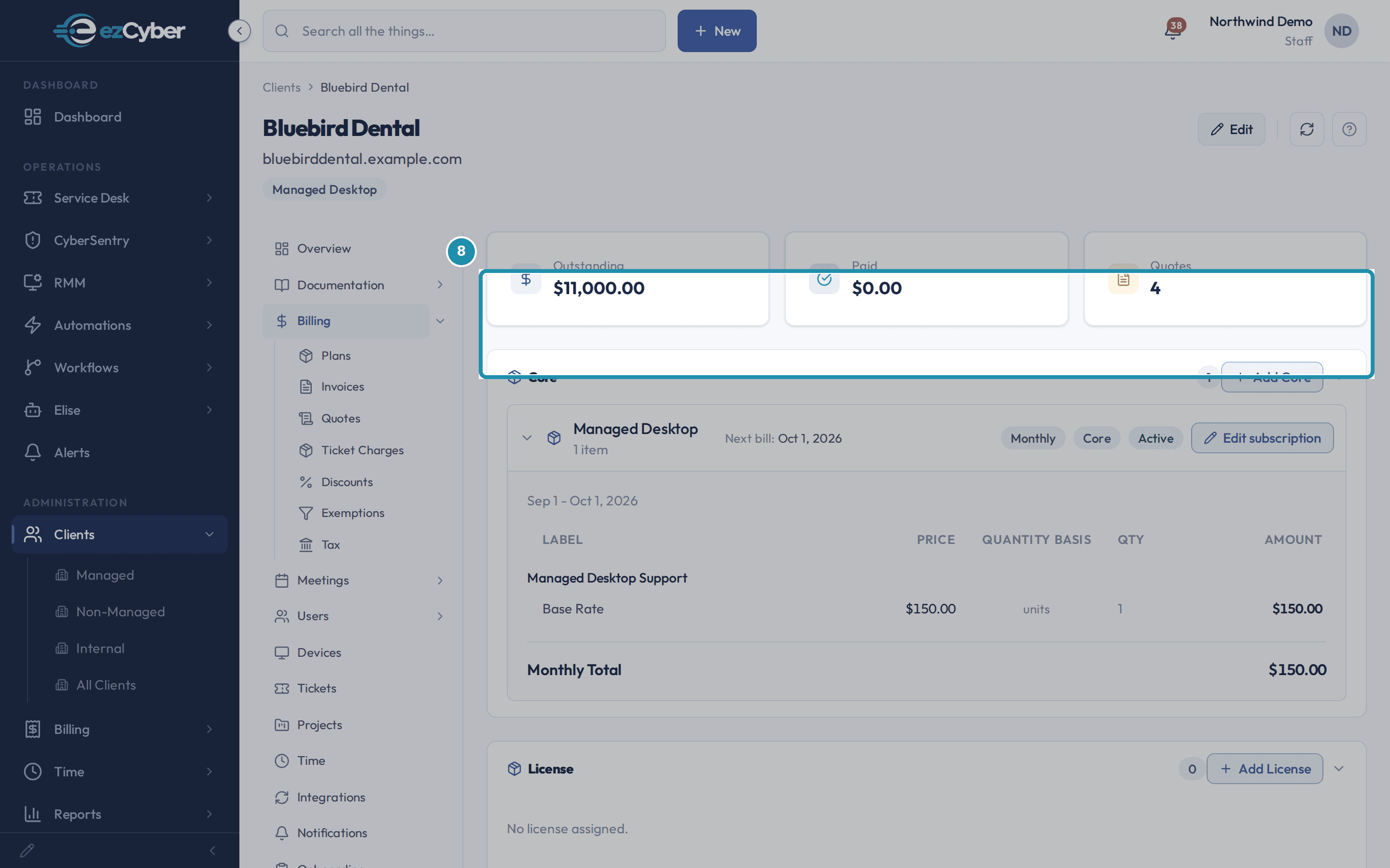 Bluebird Dental's Billing overview showing Outstanding $11,000.00, Paid $0.00 and Quotes 4.