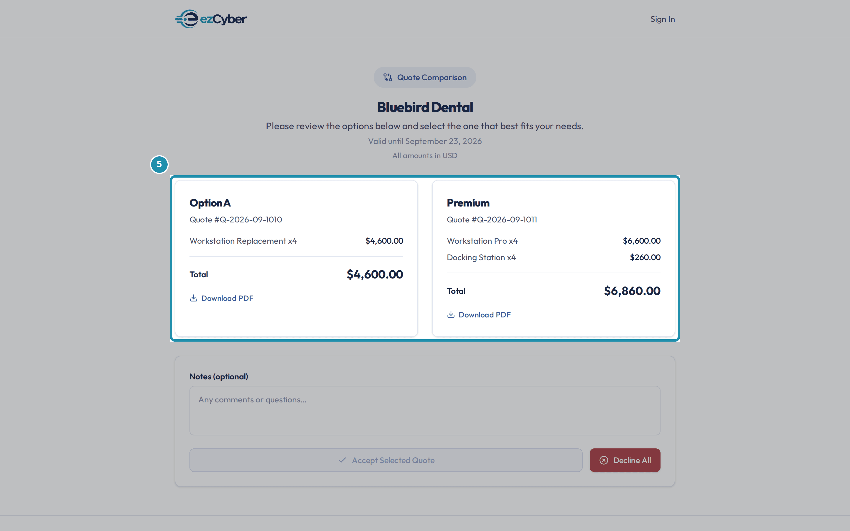 The client's accept page showing Option A and Premium as two side-by-side cards with their own totals and Download PDF links.
