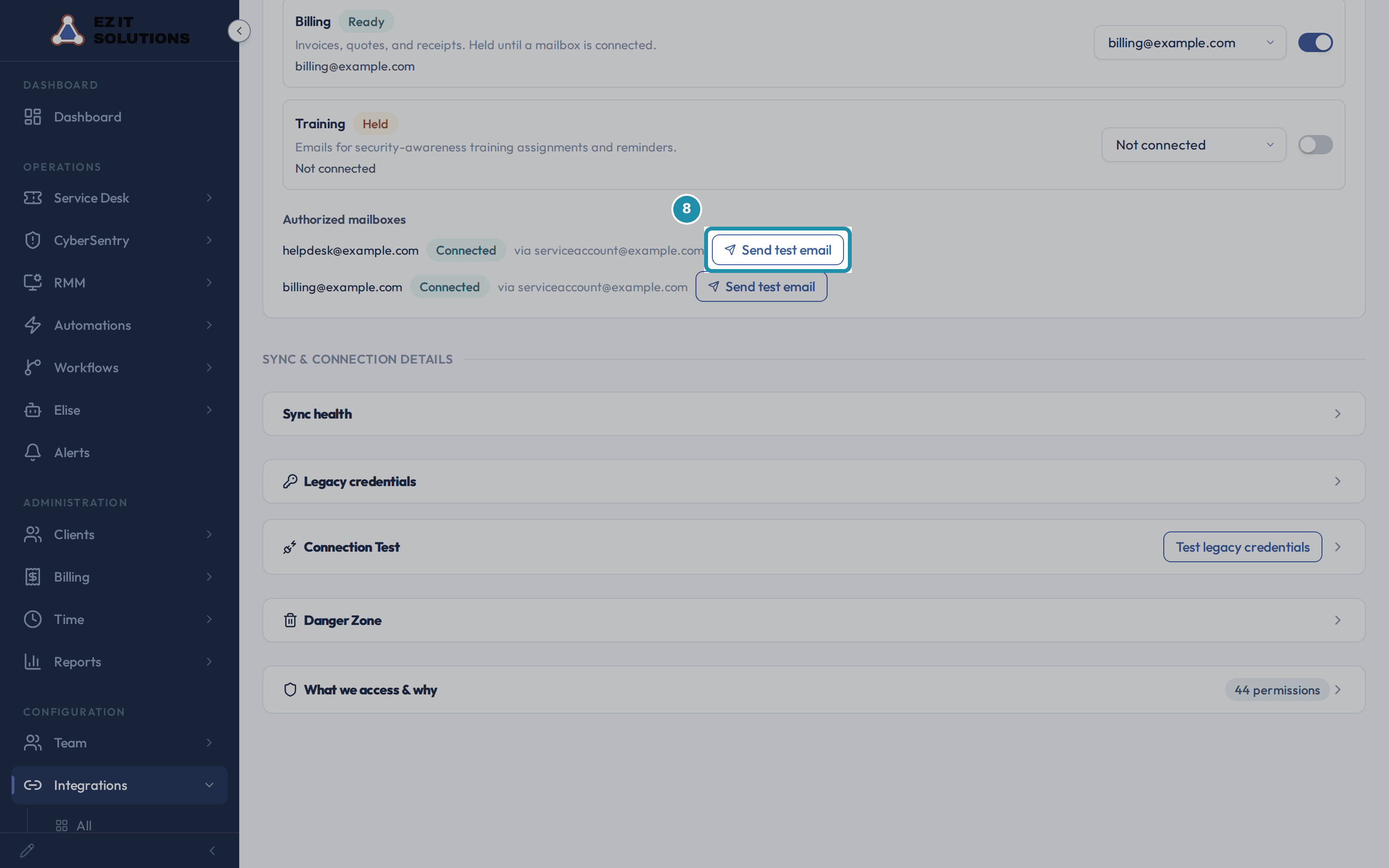 A numbered teal box around the Send test email button on the first authorized mailbox row.
