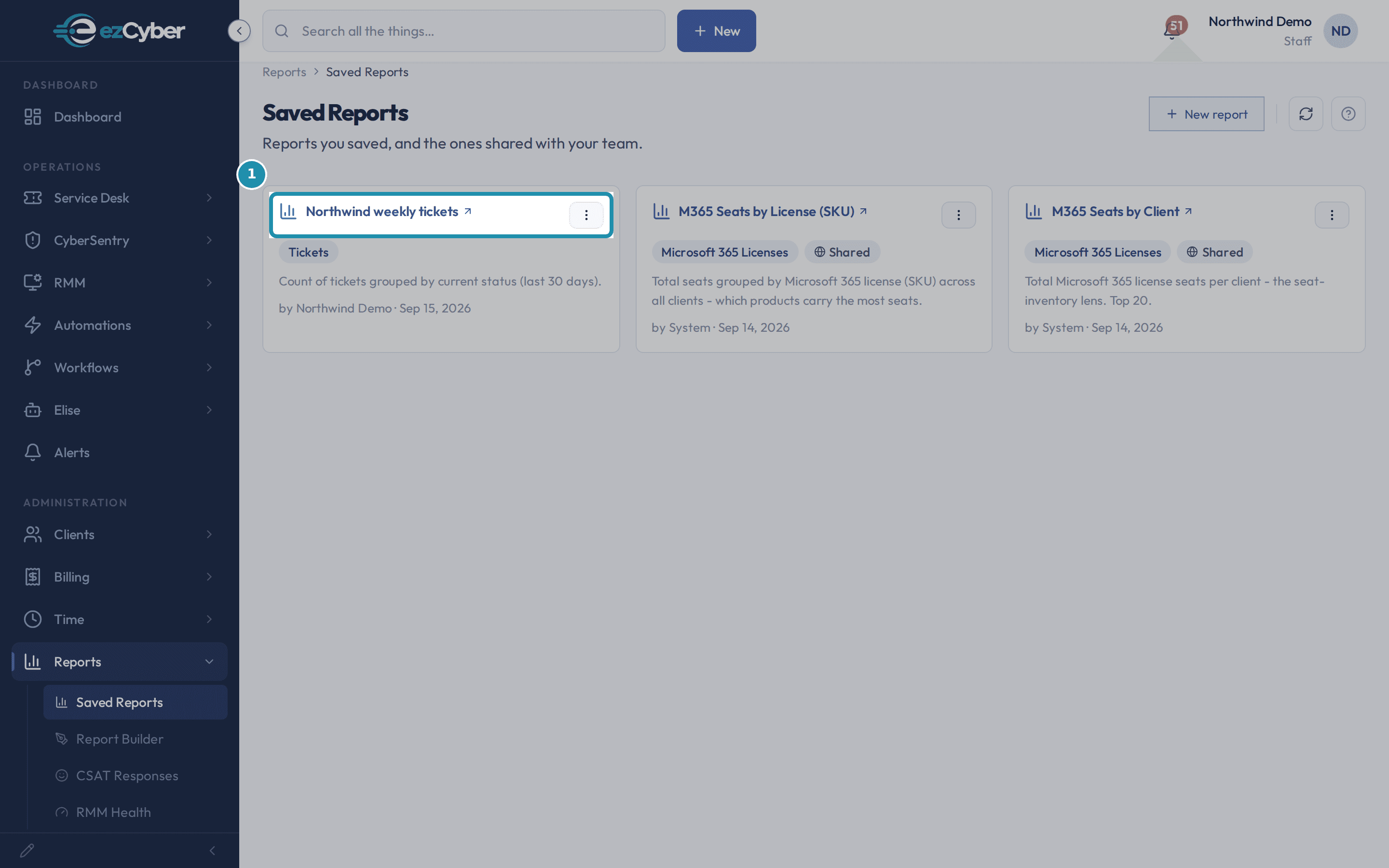 The Saved Reports page with the Northwind weekly tickets card highlighted among three saved-report cards.