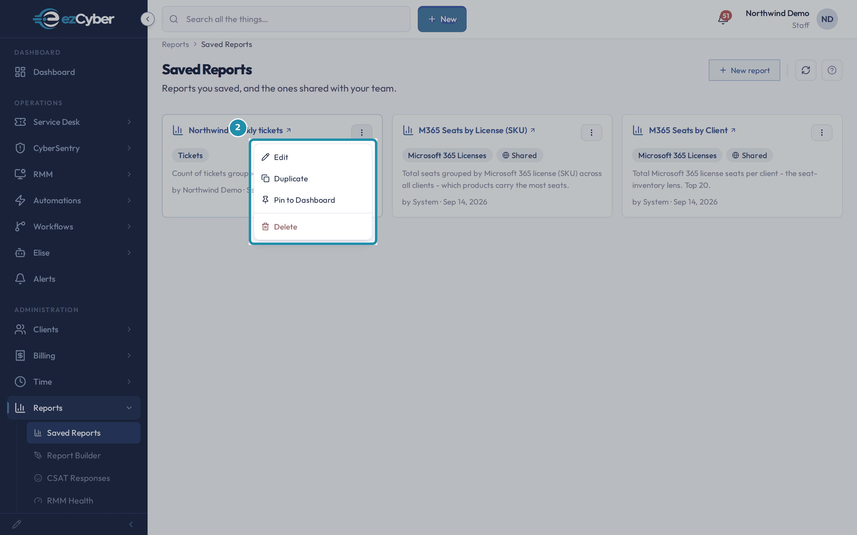 The report card's Actions menu open, with Pin to Dashboard highlighted above Delete.