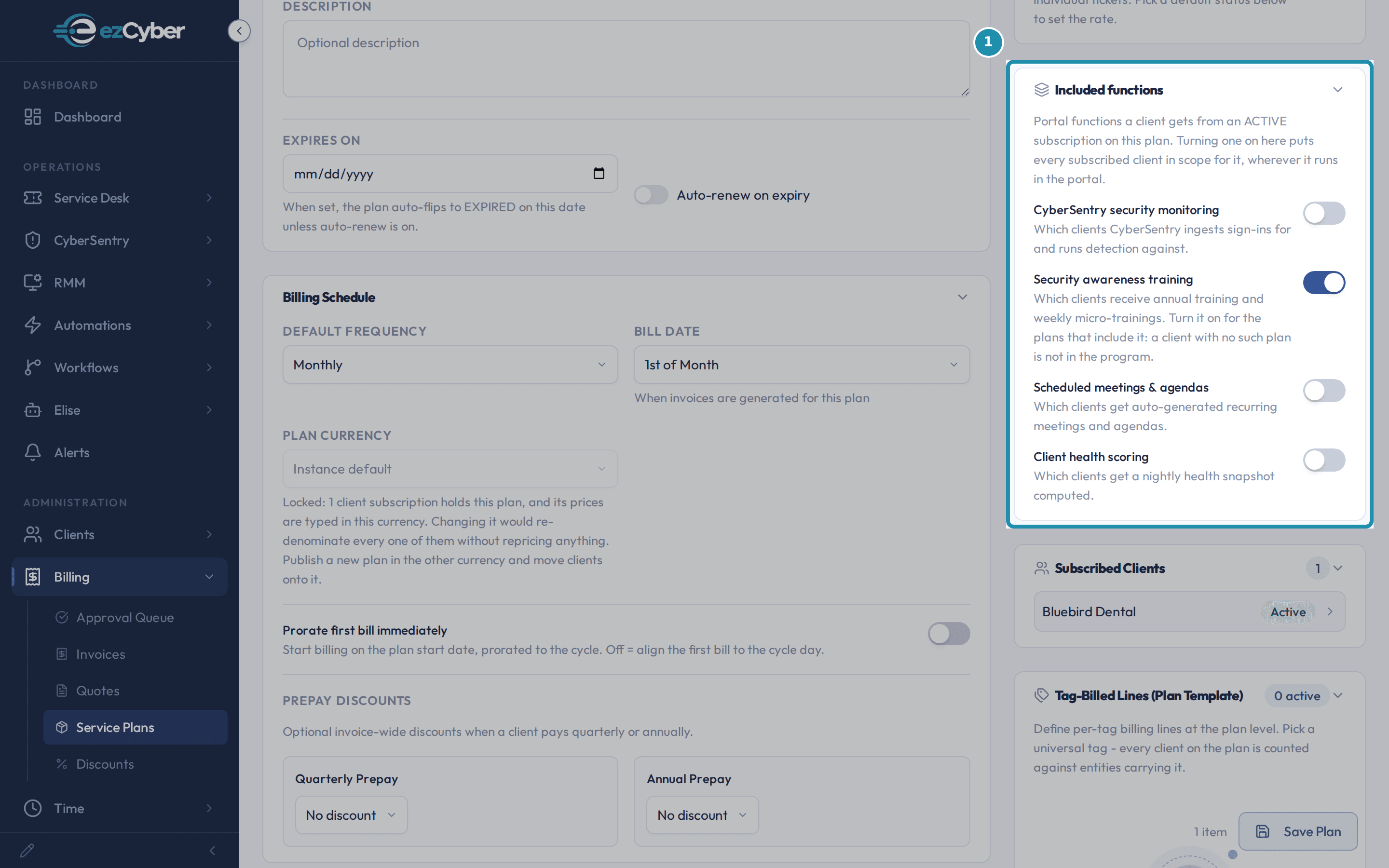 Managed Desktop plan editor with a numbered teal badge on the Included Functions panel, showing Security awareness training on and the other three functions off.
