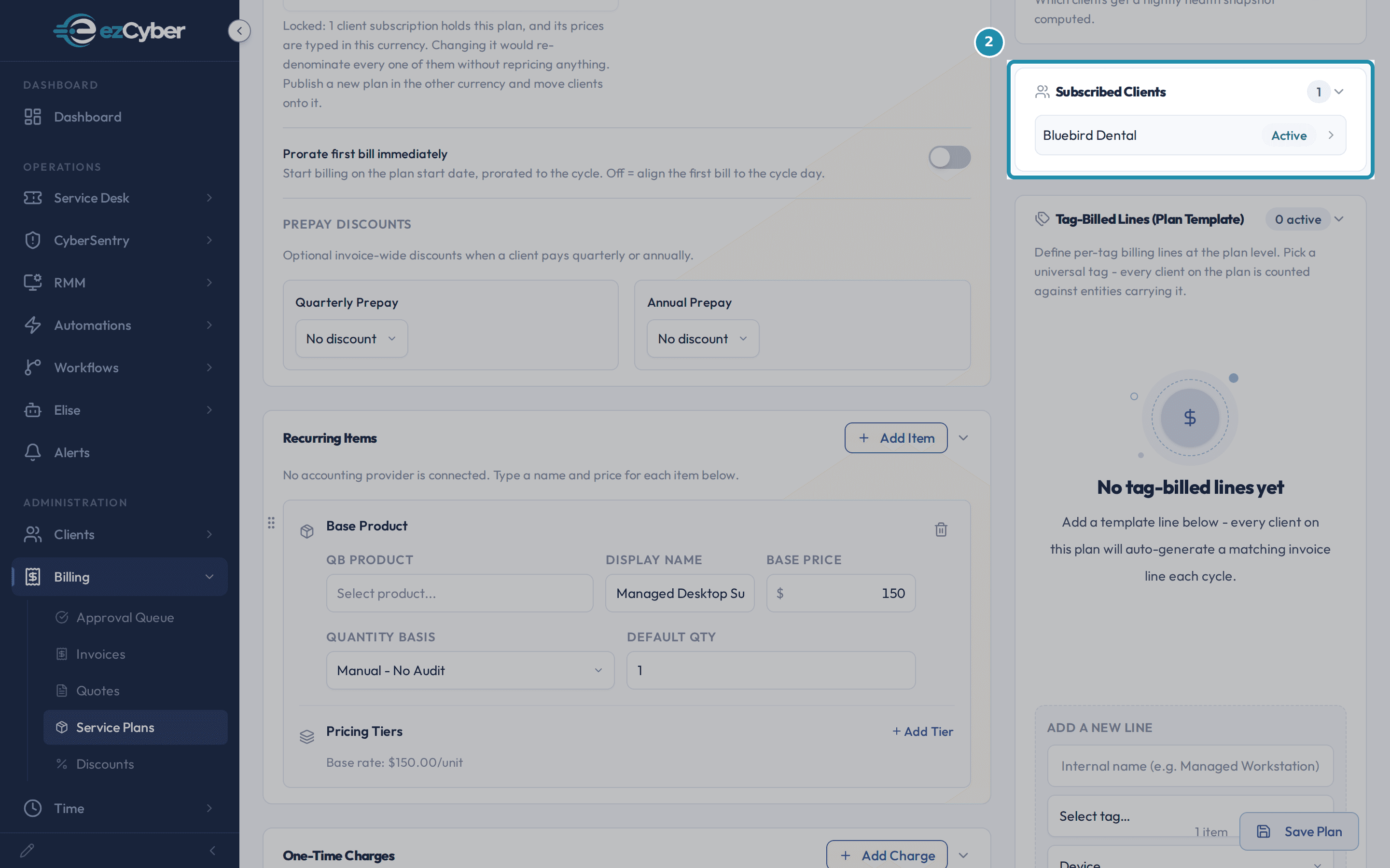 Managed Desktop's Subscribed Clients panel with a numbered teal badge, showing one active subscription: Bluebird Dental.