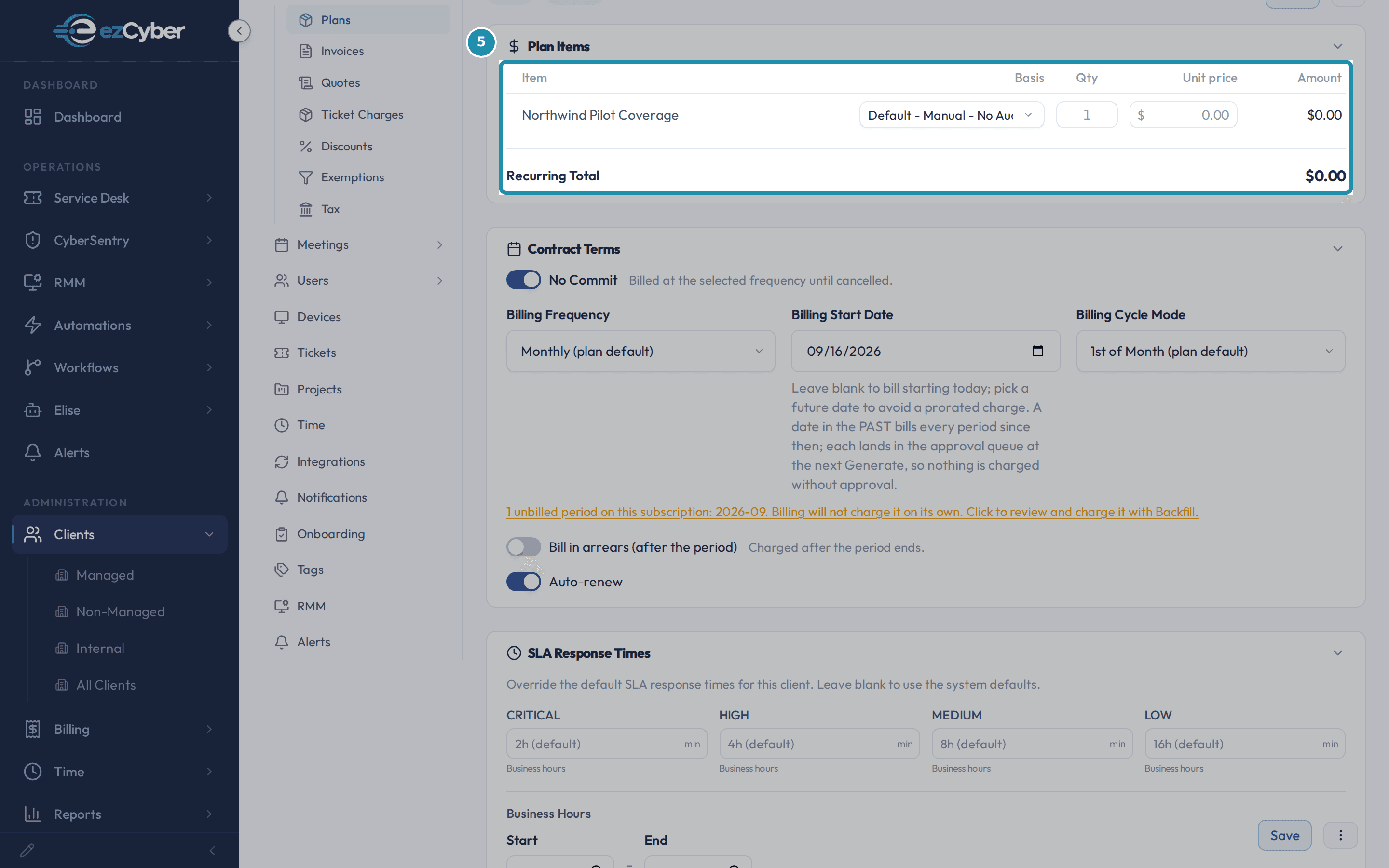 Harbor Freight Logistics's Northwind Pilot subscription with a numbered teal badge on the Plan Items table, showing a $0.00 line and a $0.00 Recurring Total.
