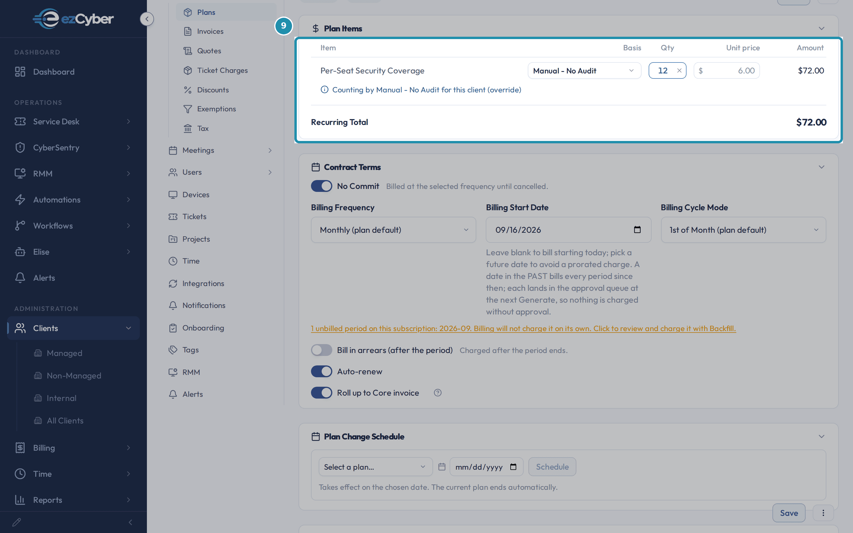 Bluebird Dental's Northwind Seat Add-on subscription with a numbered teal badge on the Plan Items table, showing a Manual - No Audit override note, quantity 12, a $72.00 total, and the Roll up to Core invoice switch on underneath.