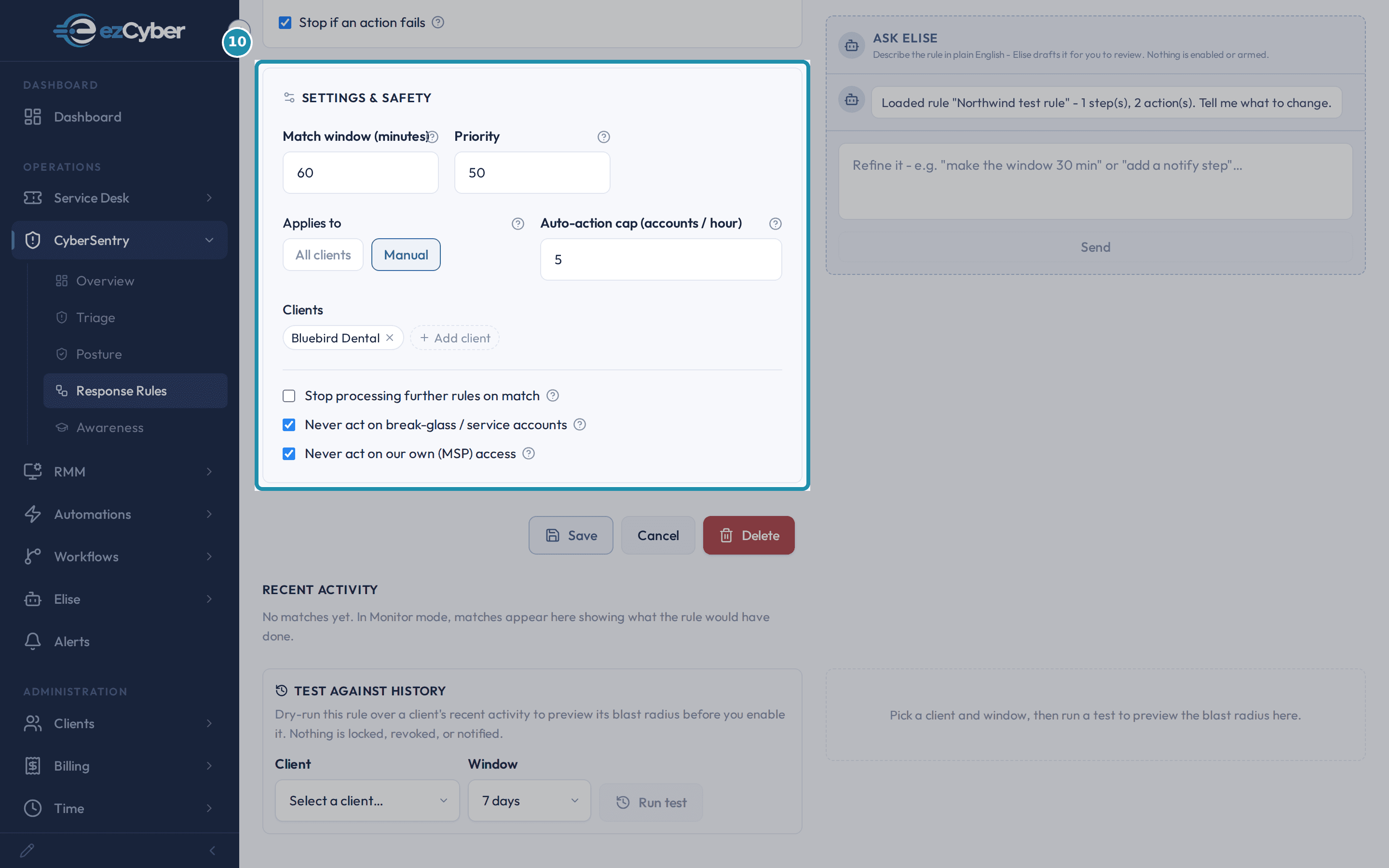 A CyberSentry Response Rule's Settings & Safety panel with a numbered teal badge, showing Applies to set to Manual and one client, Bluebird Dental, listed underneath.