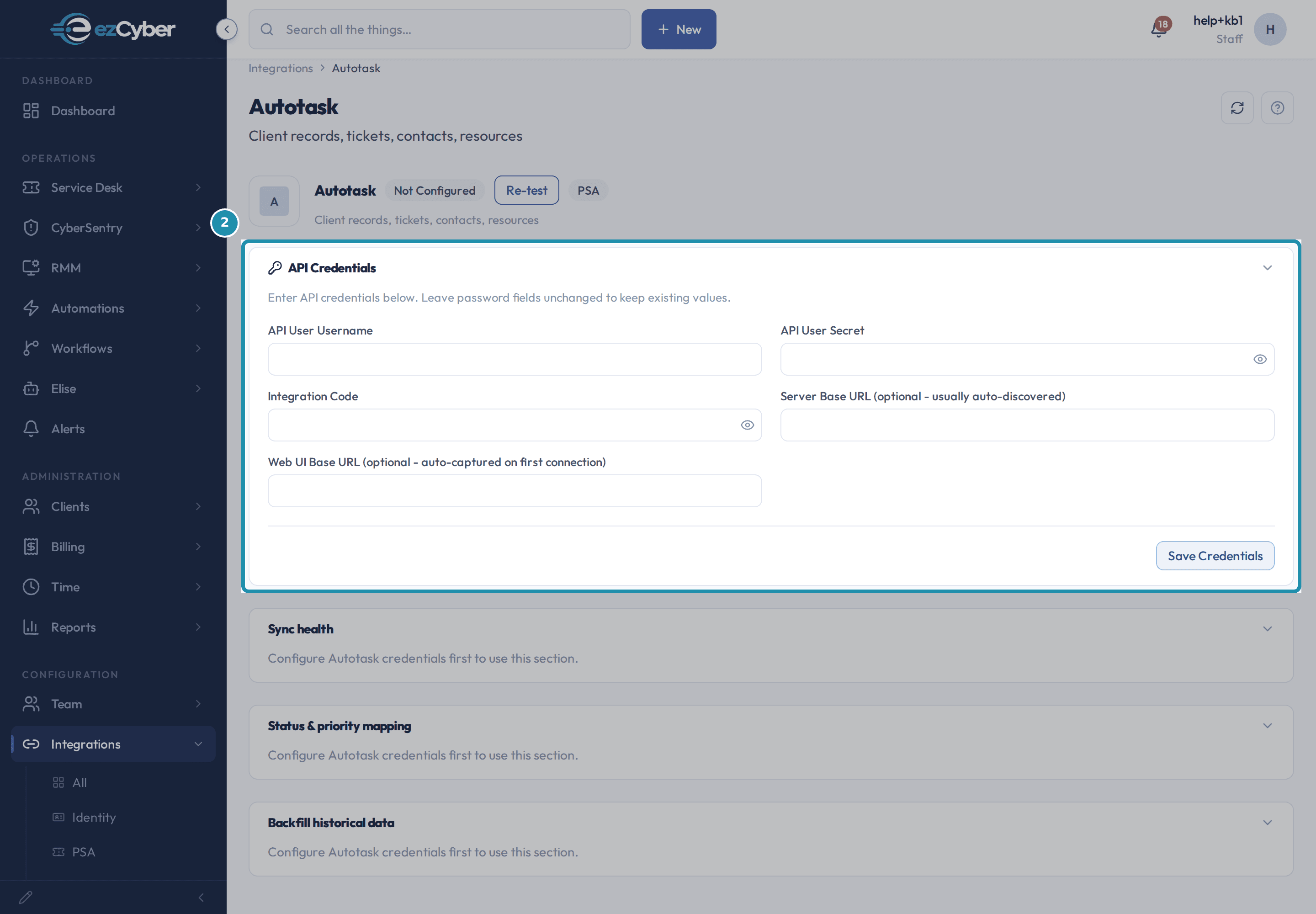 The Autotask integration page with the API Credentials card highlighted, showing API User Username, API User Secret, Integration Code, Server Base URL, Web UI Base URL and the Save Credentials button.