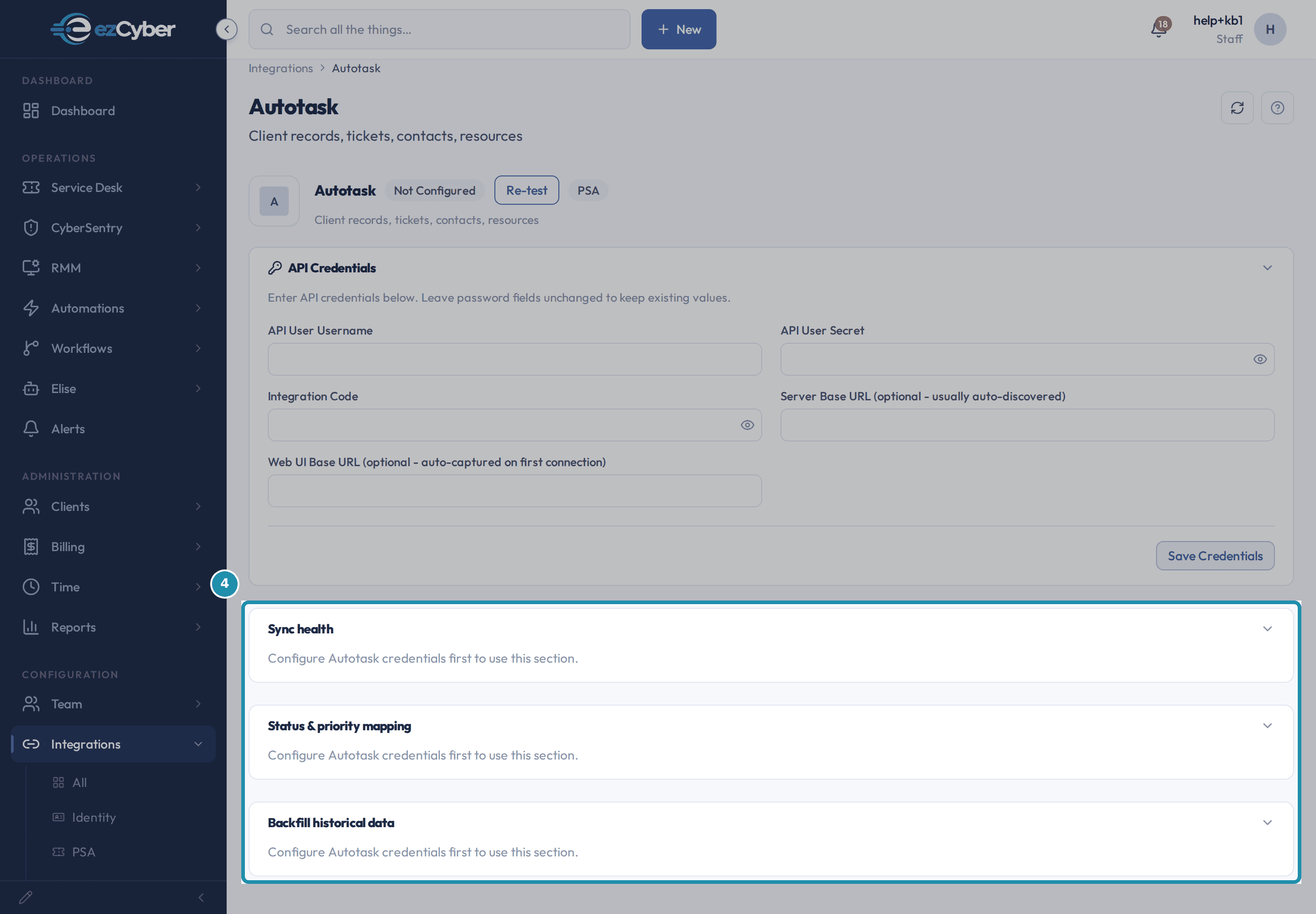 The Autotask integration page with the Sync health, Status & priority mapping and Backfill historical data cards highlighted, all three showing the configure credentials first line.