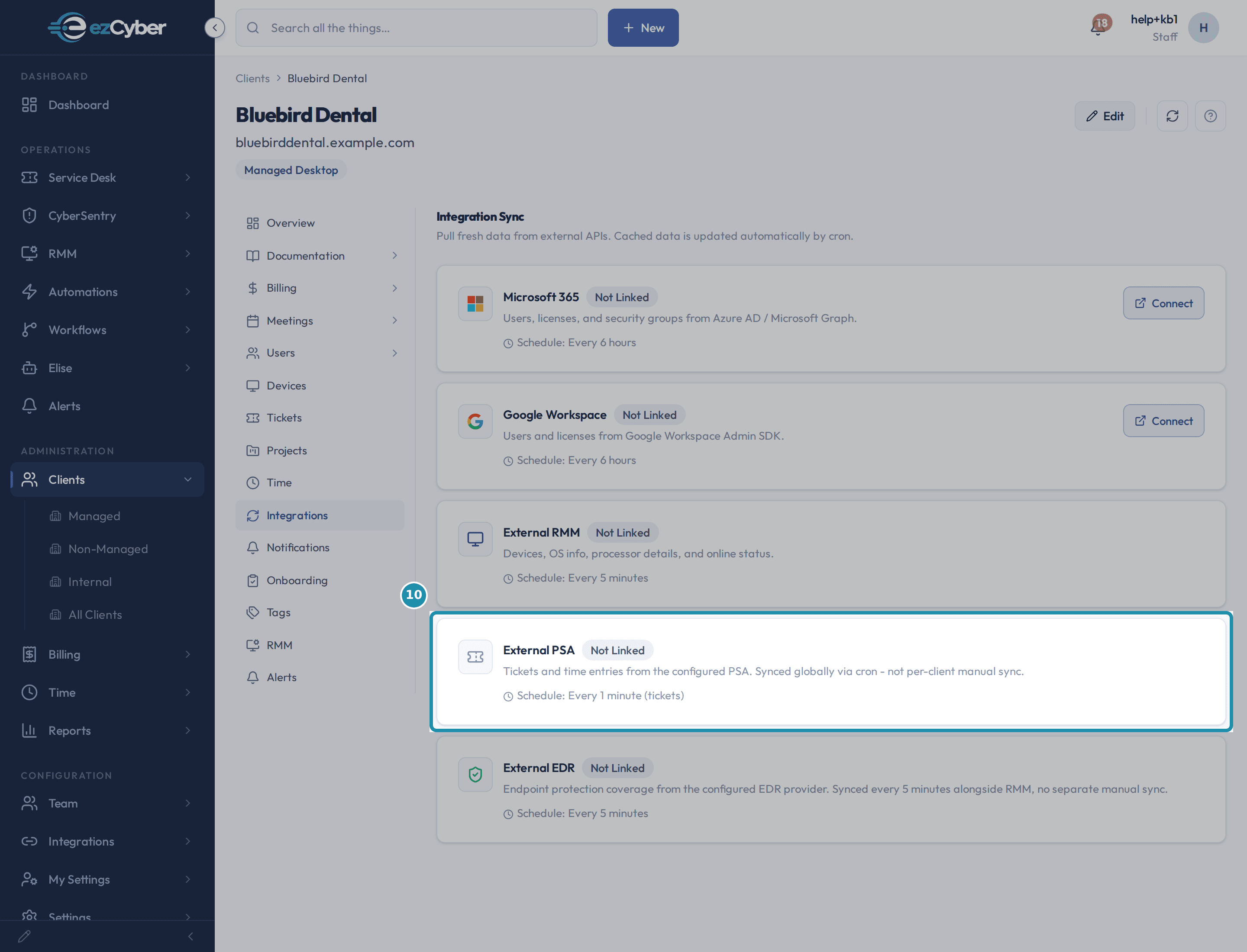 A client's Integrations tab with the External PSA card highlighted, reading Not Linked, with its globally synced line and its every one minute schedule.