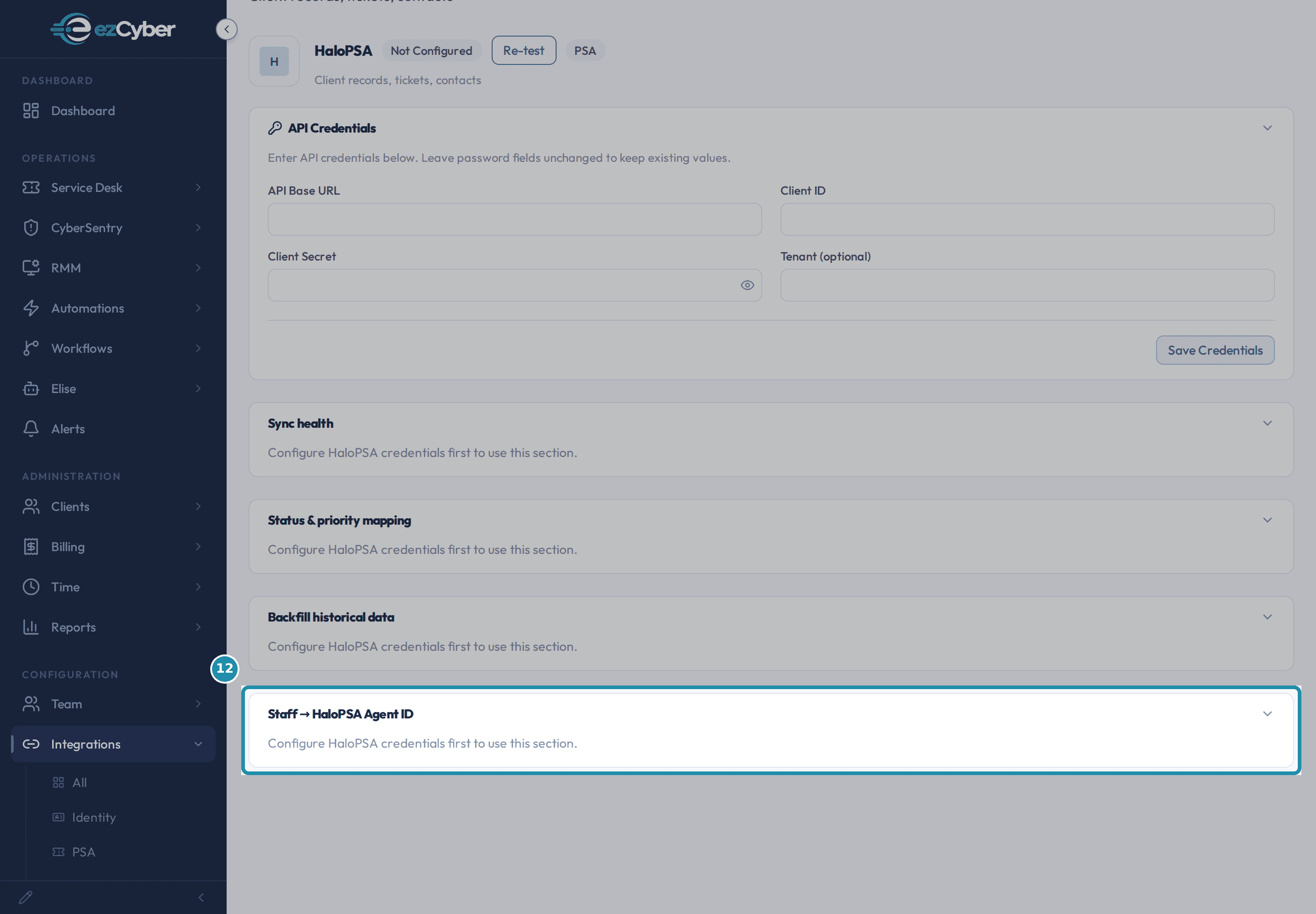 The HaloPSA integration page with the Staff to HaloPSA Agent ID card highlighted, showing its configure credentials first line.