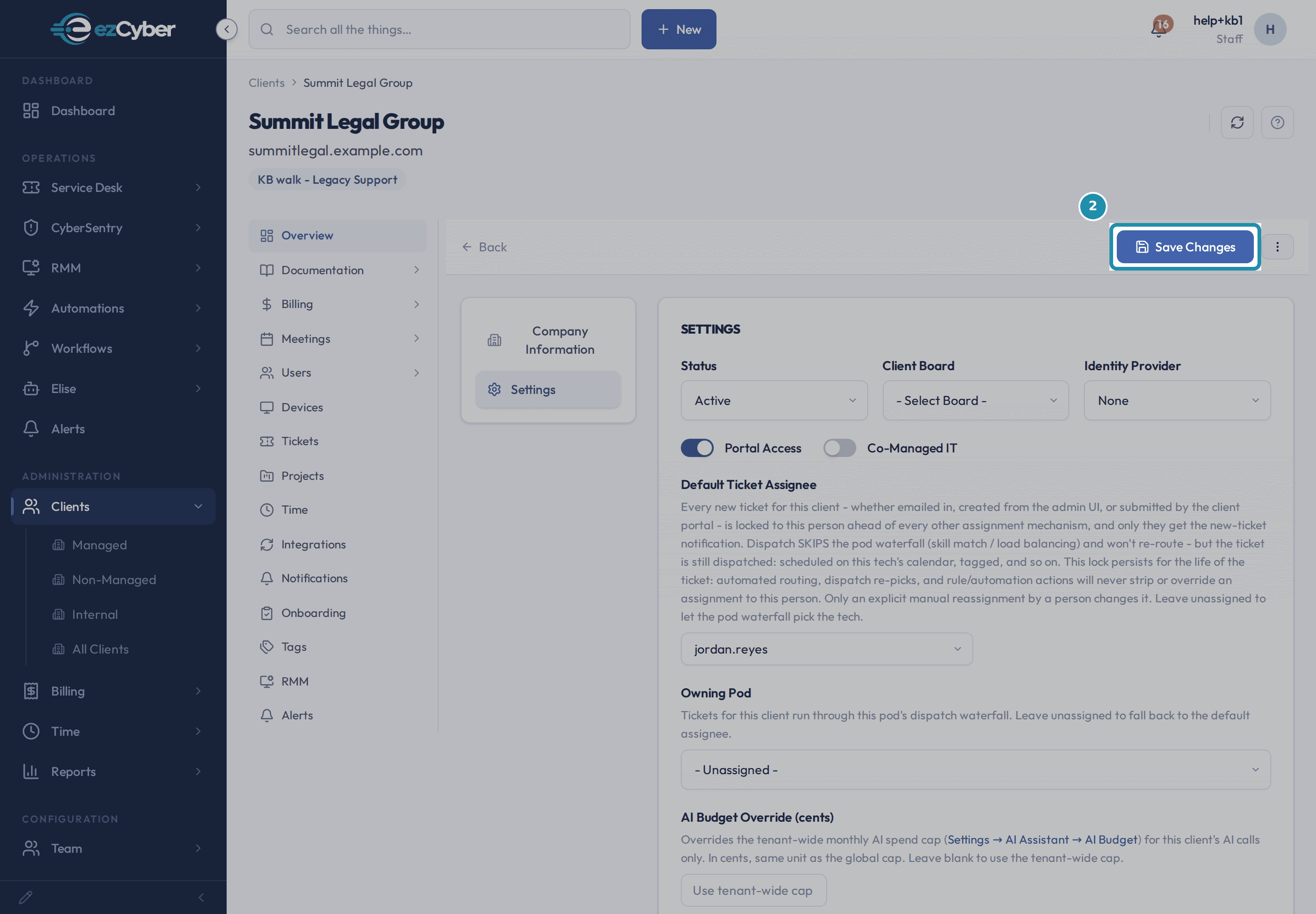 The same client Settings form with Default Ticket Assignee now reading jordan.reyes, and the Save Changes button at the top of the form highlighted.