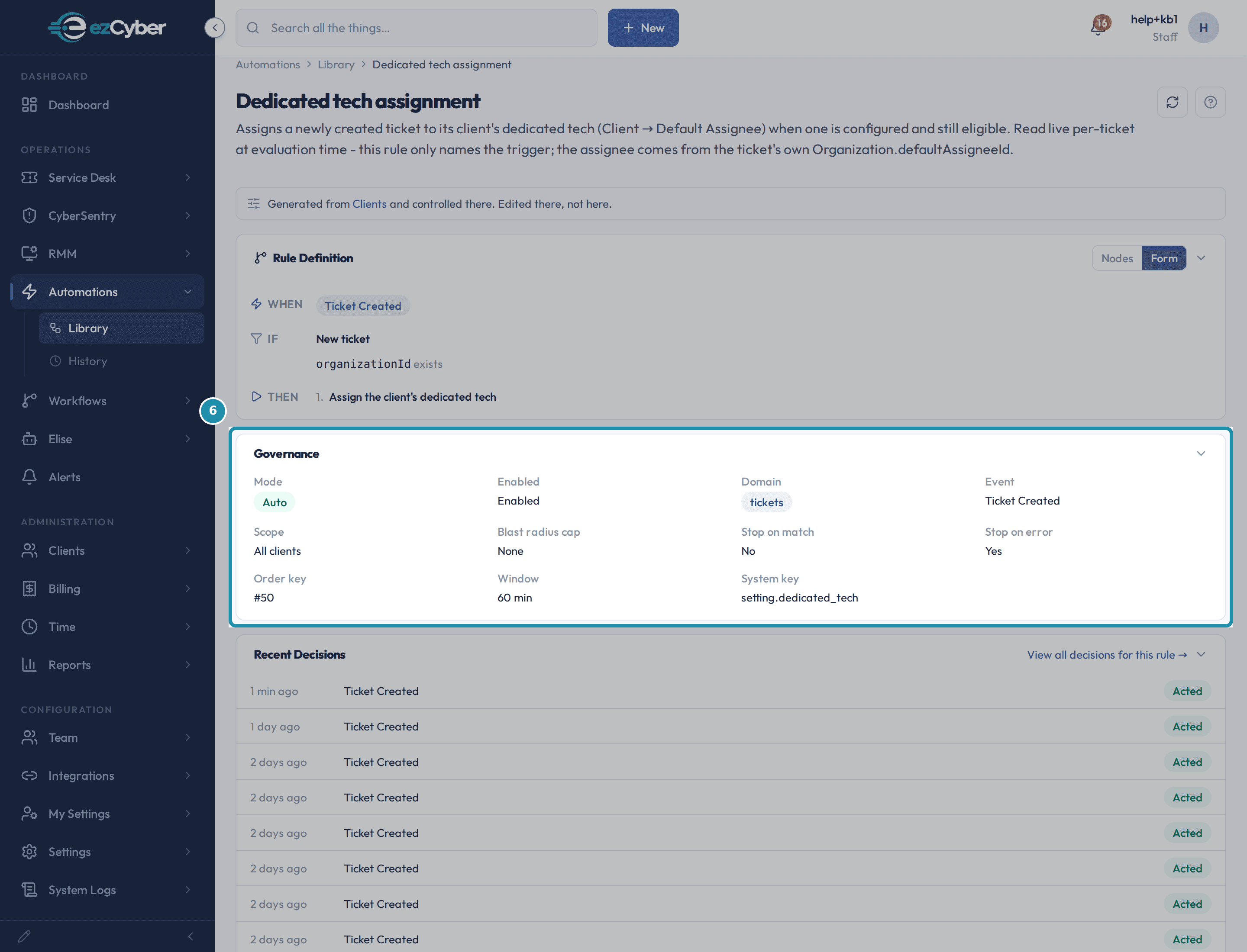 The Governance card on the rule page, highlighted, showing Mode Auto, Enabled, Domain tickets, Event Ticket Created, Scope All clients.